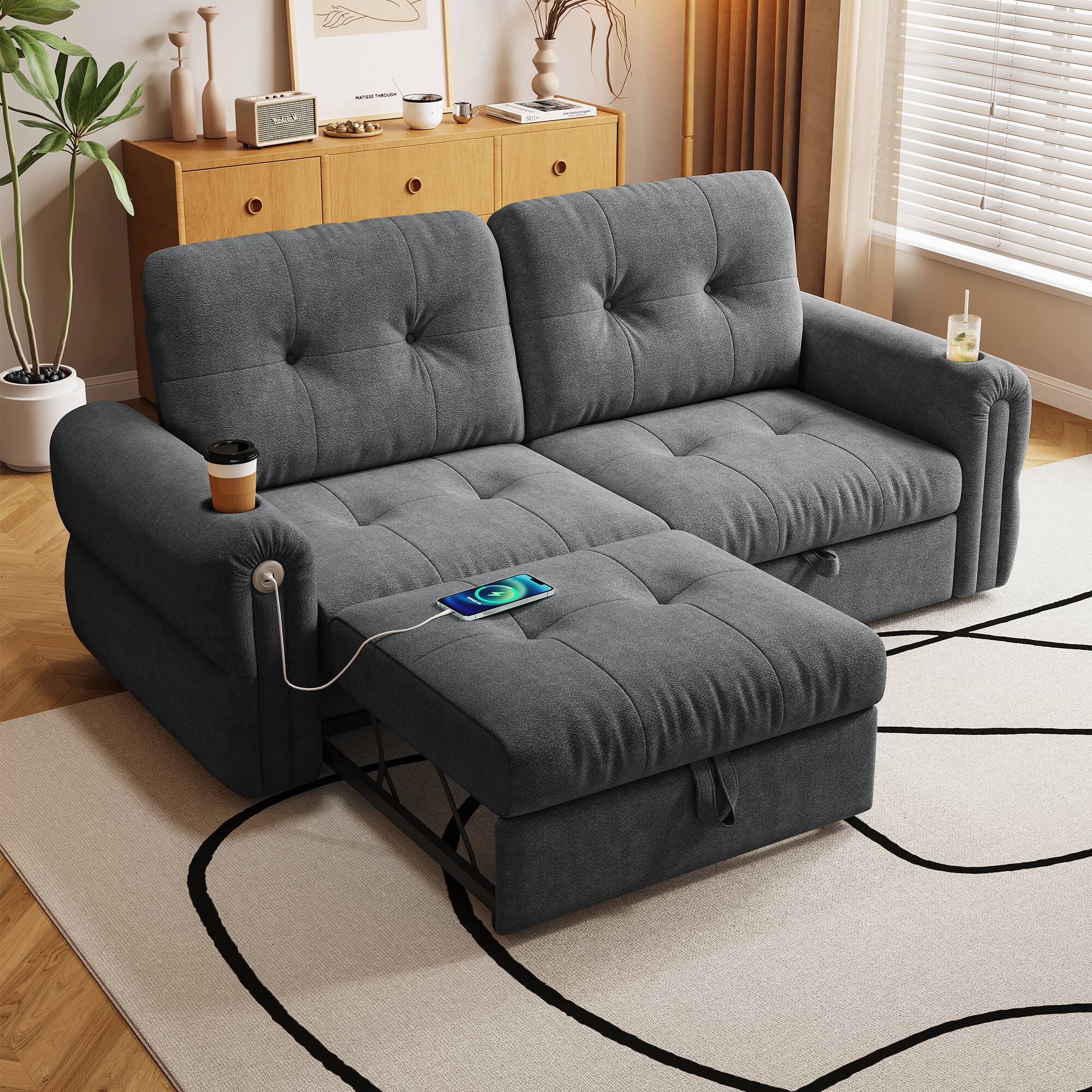 Angle. Anysun - 77" Convertible Sofa Bed – 2-in-1 Multifunctional Chenille Sofa, Easy Pull-Out Guest Bed for Living Room, Apartment - Dark Grey.
