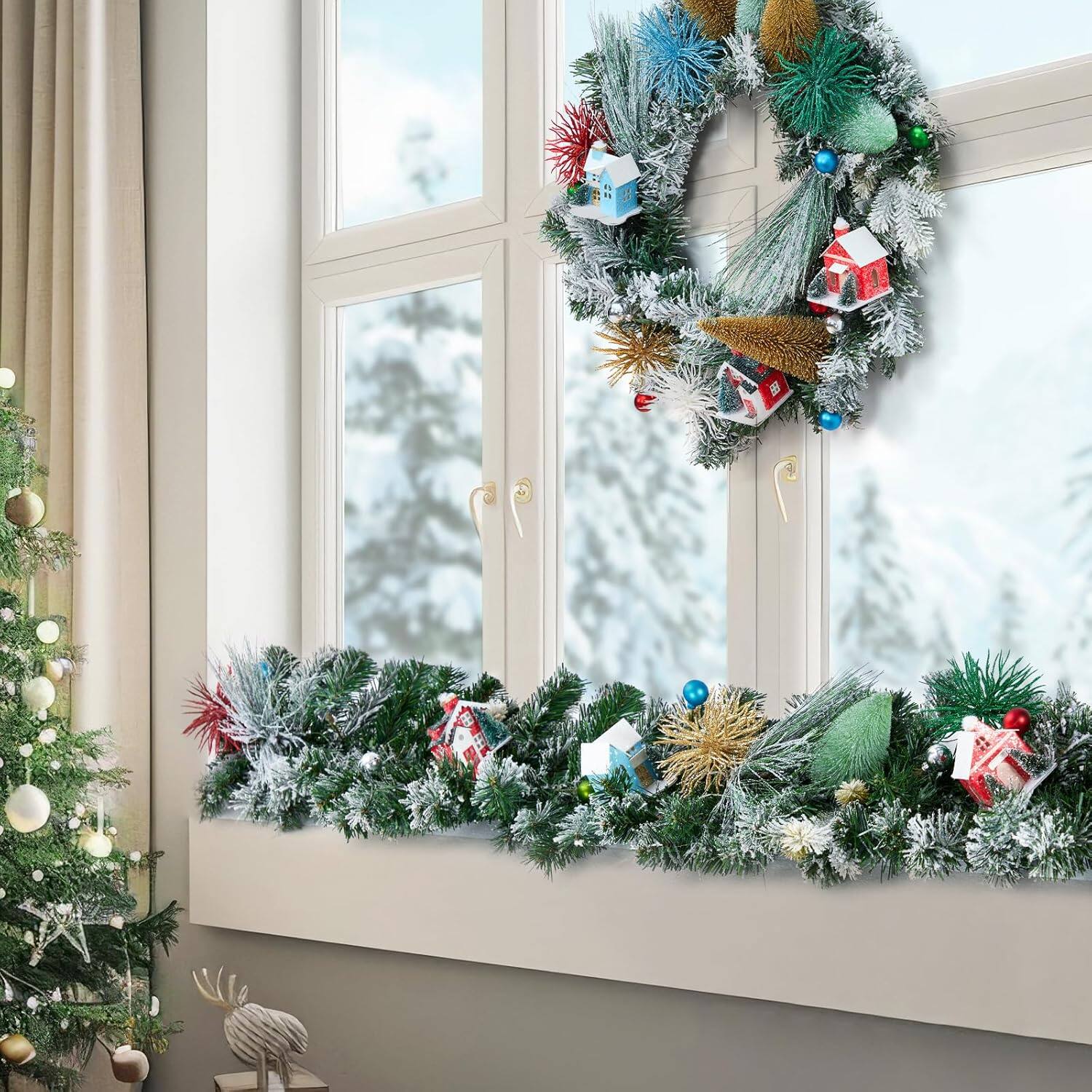 Alt View 5. Jojoka - 24-in Green Christmas Village Wreath for Indoor Outdoor Holiday Decorations - Green.