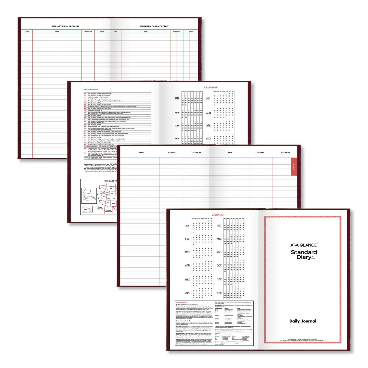 Sure, here is the corrected and grouped text from the image:

---

**JANUARY CASH ACCOUNT**

| Date | Item | Received | Paid | Date | Item | Received | Paid |

**FEBRUARY CASH ACCOUNT**

| Date | Item | Received | Paid | Date | Item | Received | Paid |

**CALENDAR**

| JAN | FEB | MAR | APR | MAY | JUN | JUL | AUG | SEP | OCT | NOV | DEC |

**NAME** | **ADDRESS** | **TELEPHONE**

**NAME** | **ADDRESS** | **TELEPHONE**

**CALENDAR**

| JAN | FEB | MAR | APR | MAY | JUN | JUL | AUG | SEP | OCT | NOV | DEC |

**AT-A-GLANCE® Standard Diary**

**Daily Journal**

---

This text is organized based on the layout and content visible in the image.