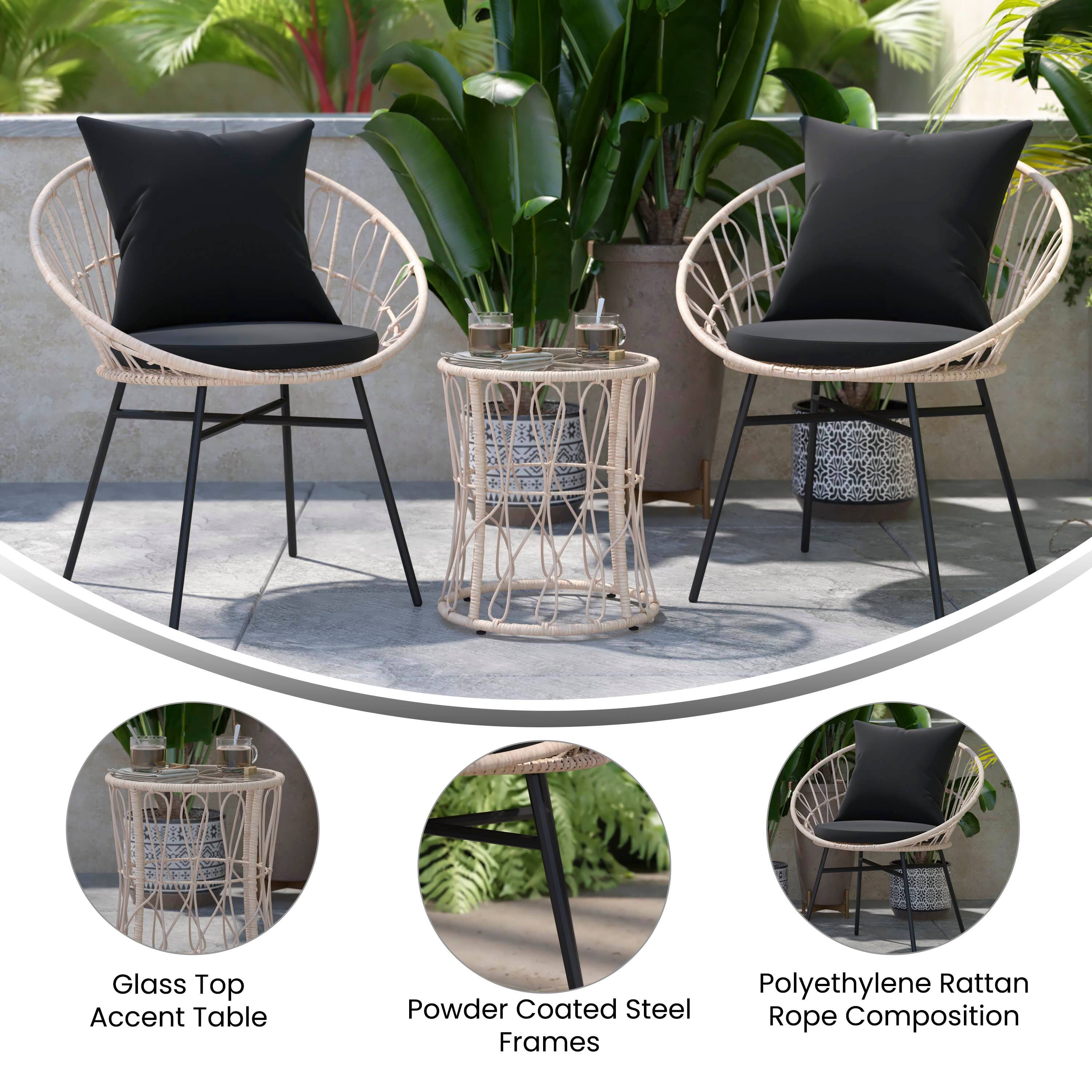 Glass Top Accent Table  
Polyethylene Rattan  
Powder Coated Steel Rope Composition Frames