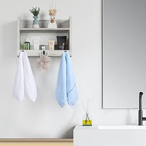 Alt View 1. Oumilen - Whitewashed Wall Mounted Storage Shelf with Hooks – Wooden Organizer for Kitchen Bathroom Entryway - Whitewashed.