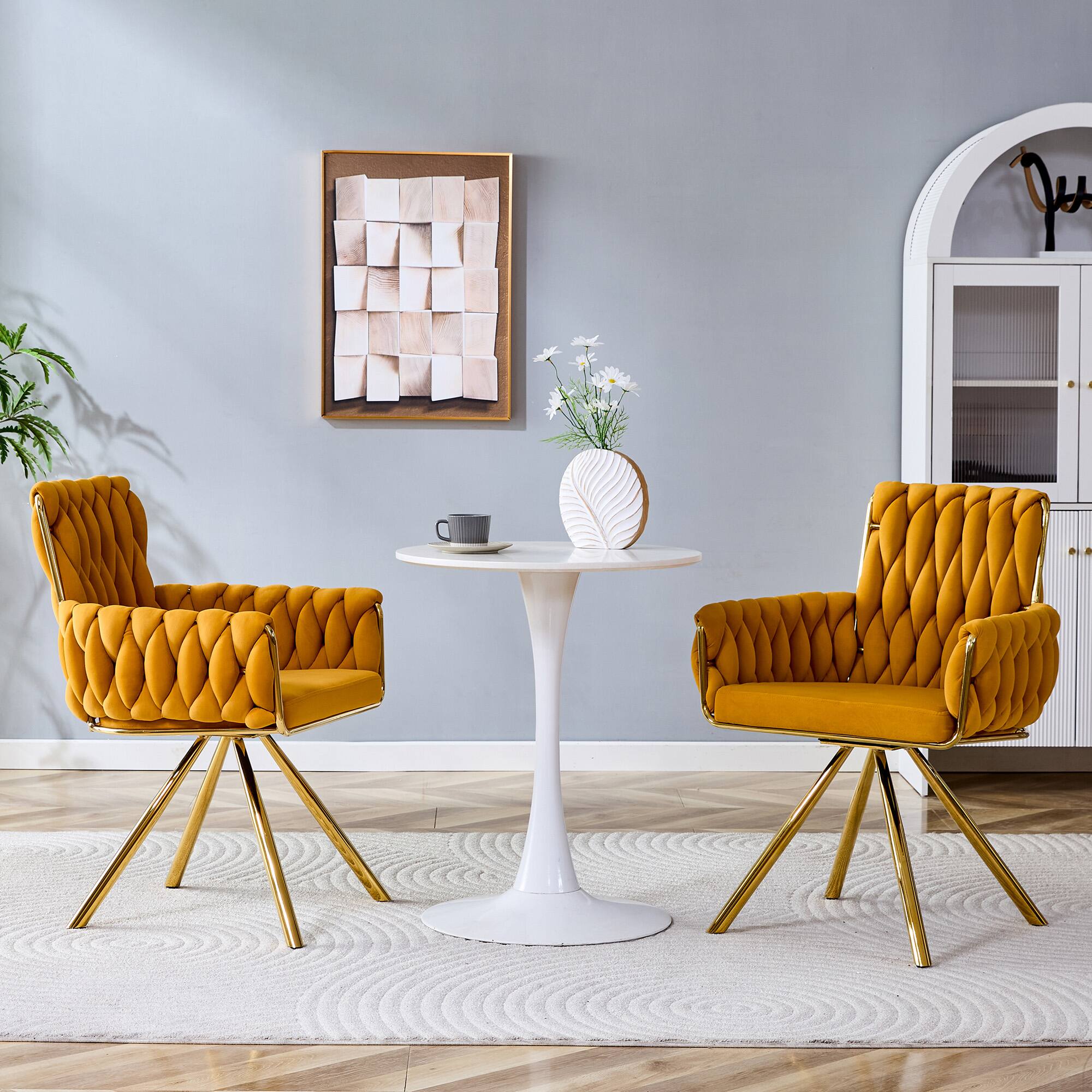 Angle. Anysun - Set of 2 Velvet Braided Dining Chairs with Gold Metal Legs, Modern Luxury Accent Armchair with Woven Rope Backrest - Gold,Yellow.