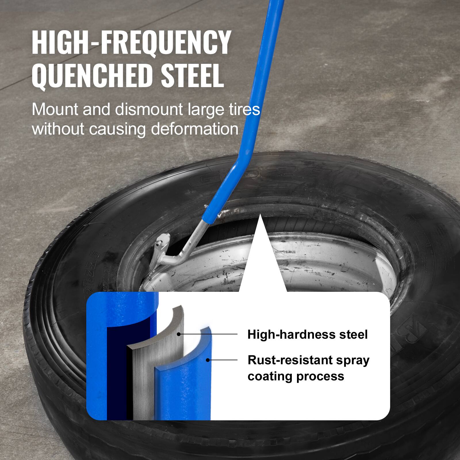 HIGH-FREQUENCY QUENCHED STEEL  
Mount and dismount large tires without causing deformation  

- High-hardness steel  
- Rust-resistant spray coating process