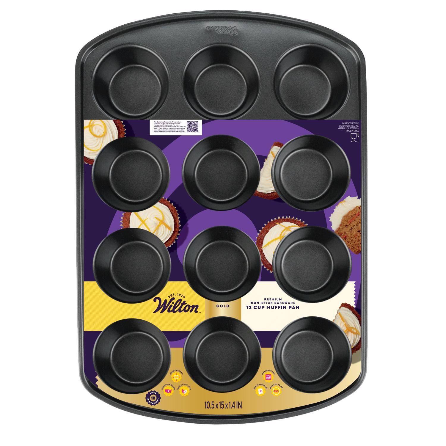 Wilton  
MINIFACTURED FOR RETOINDUSTRIES K - 100% li  
EST. 1929 Wilton GOLD  
PREMIUM NON-STICK BAKEWARE 12 CUP MUFFIN PAN  
10.5x15x1.4IN