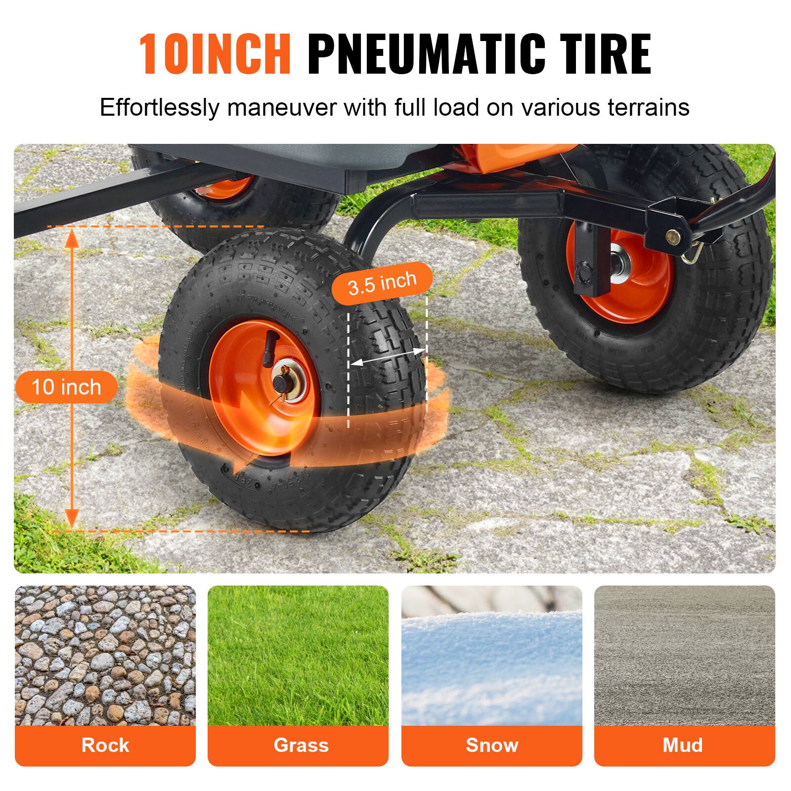 10INCH PNEUMATIC TIRE Effortlessly maneuver with full load on various terrains

Rock
Grass
Snow
Mud
3.5 inch
10 inch