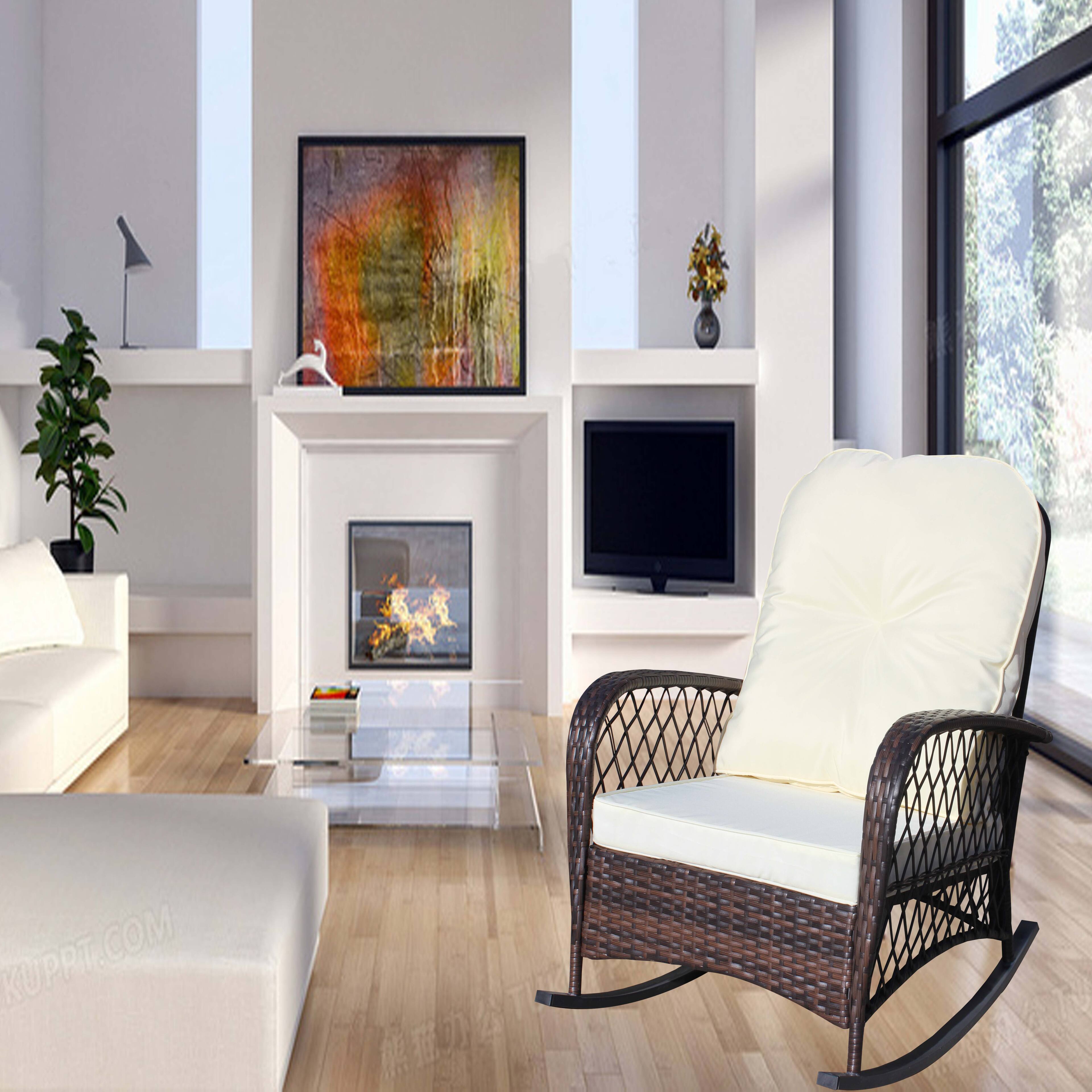 Alt View 2. Tiramisubest - Outdoor Wicker Rocking Chair with Wide Seat,Steel Frame & Thick Cushion for Patio,Garden,Backyard,Beige Cushion - Brown+Beige.