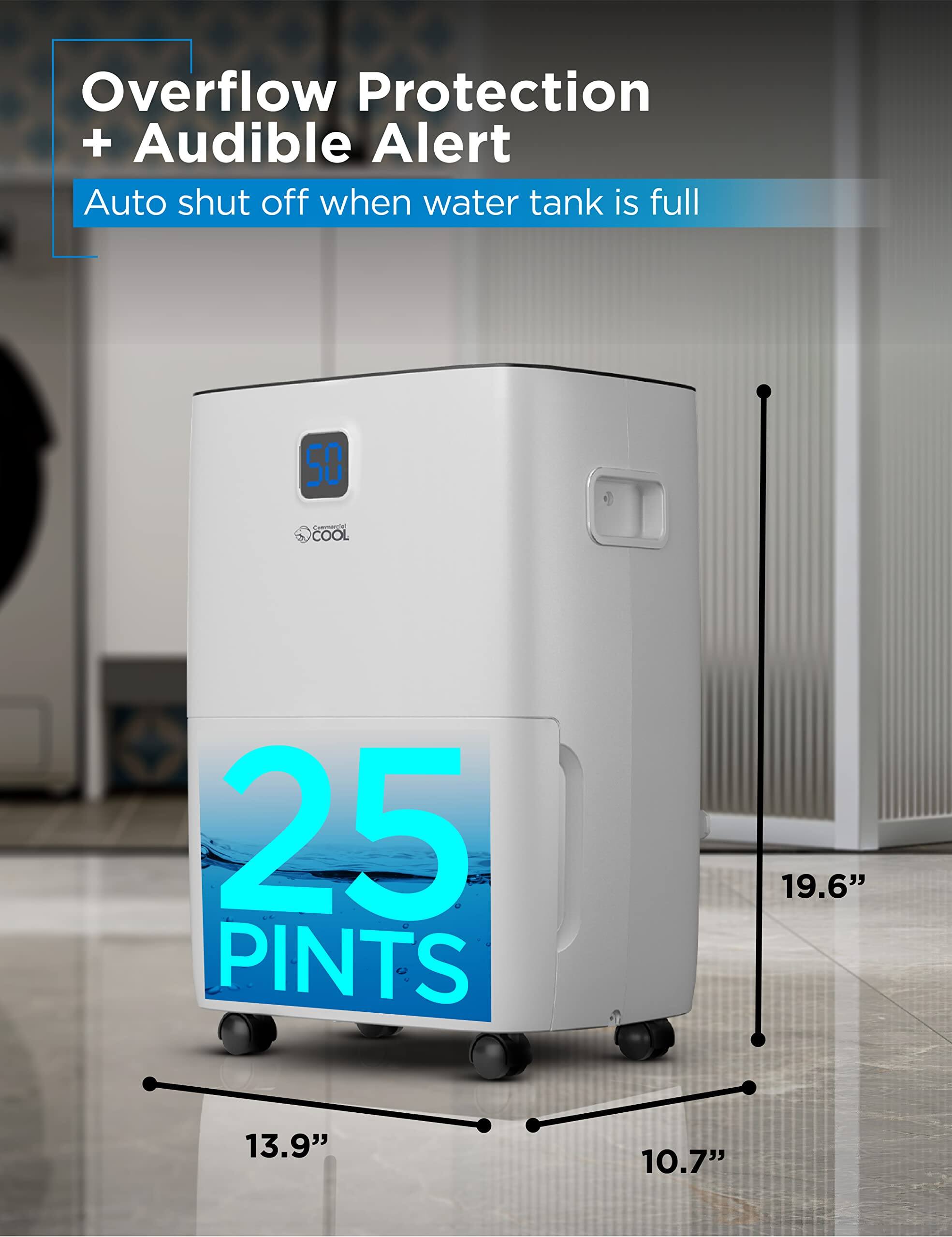 Overflow Protection + Audible Alert Auto shut off when water tank is full 50  COOL 25 PINTS 19.6" 13.9" 10.7"