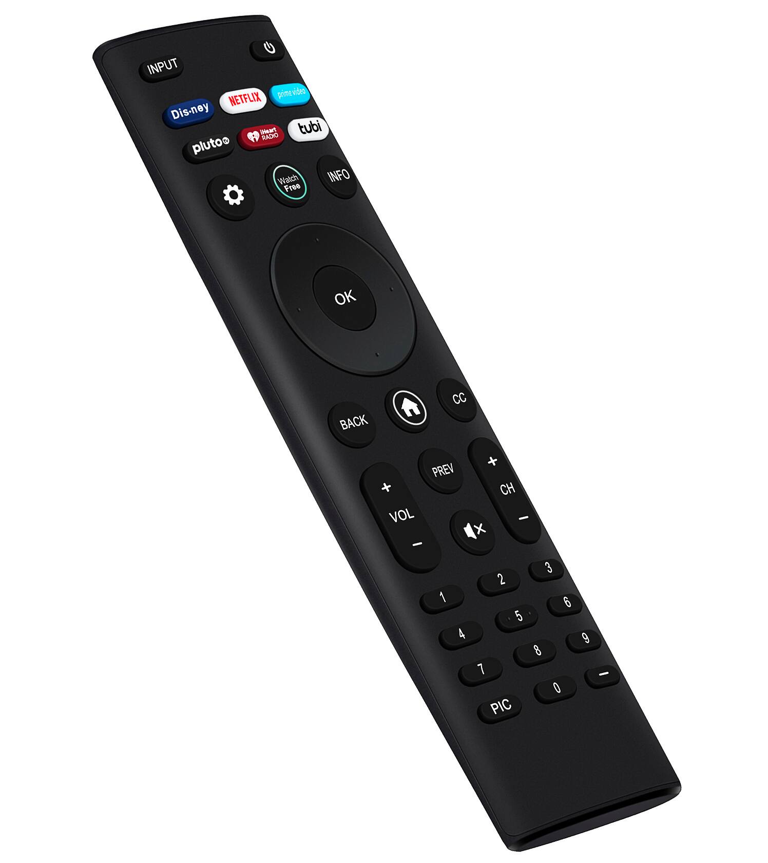 INPUT, Dis-ney, NETFLIX, PataAO, tubi, RACHO, plutos, Waich, INFO, OK, BACK, CC, PREV, +, VOL, -, +, CH, -, 1, 4, 2, 5, 3, 6, 8, 0, 9, PIC