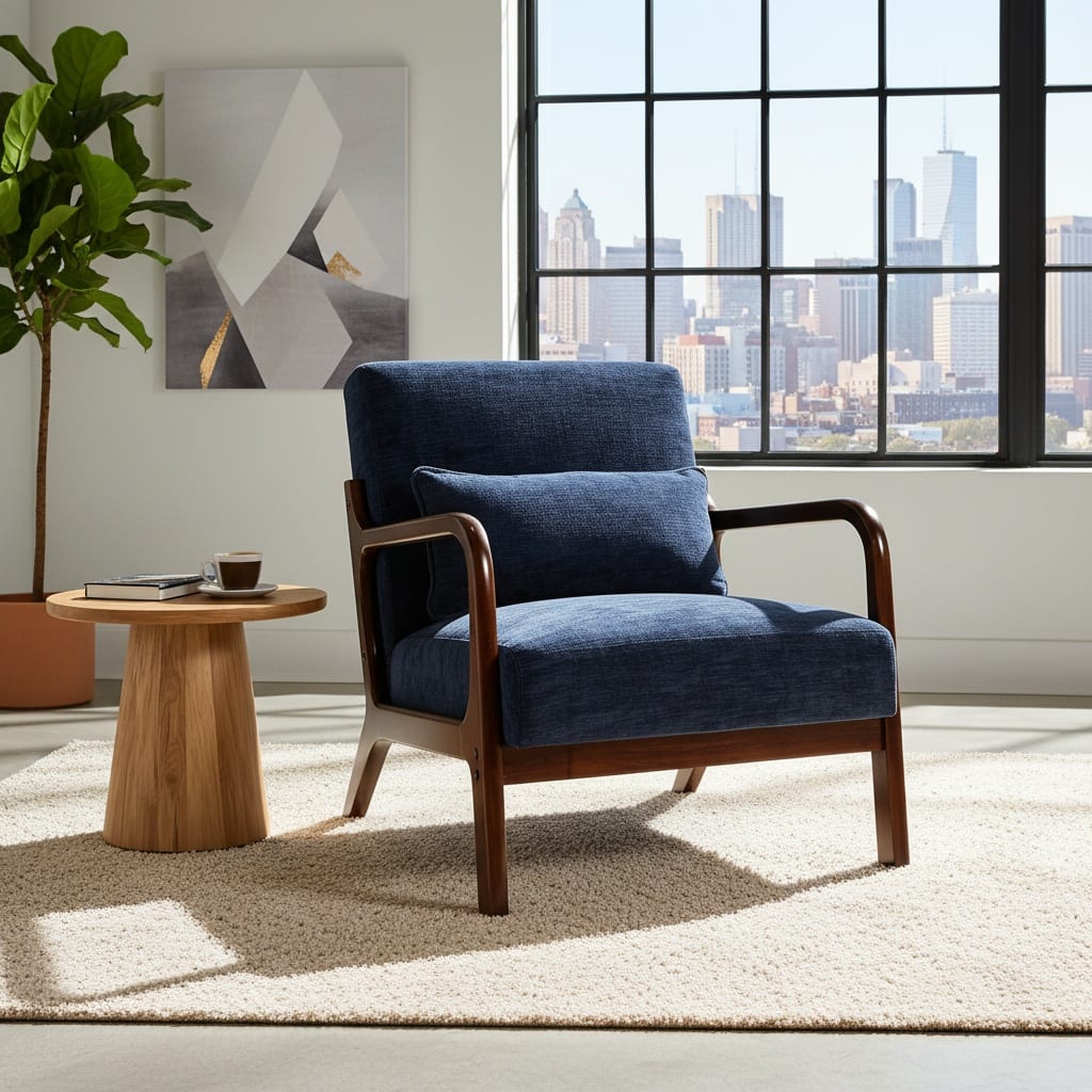 Forest'nSky - Brown Wood Mid Century Modern Office Chair with Solid Wood Frame & Lumbar Pillow with Cushion - Antique Blue