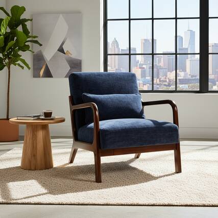 Front. Forest'nSky - Brown Wood Mid Century Modern Office Chair with Solid Wood Frame & Lumbar Pillow with Antique Blue Cushion - Antique Blue.