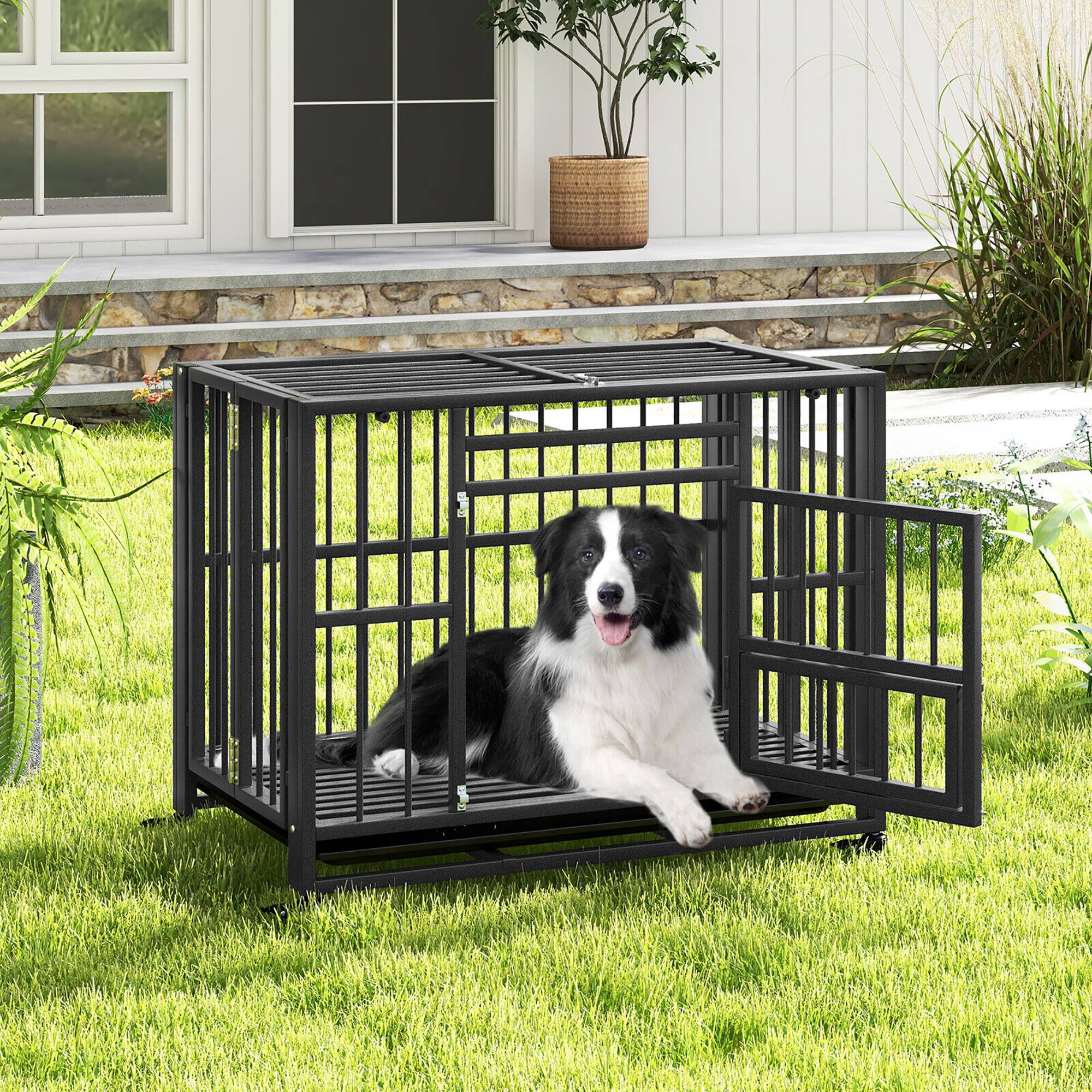 Alt View 3. Gymax - Gymax Foldable Heavy-Duty Metal Dog Cage w/ Lockable Universal Wheels 3 Lockable Doors.