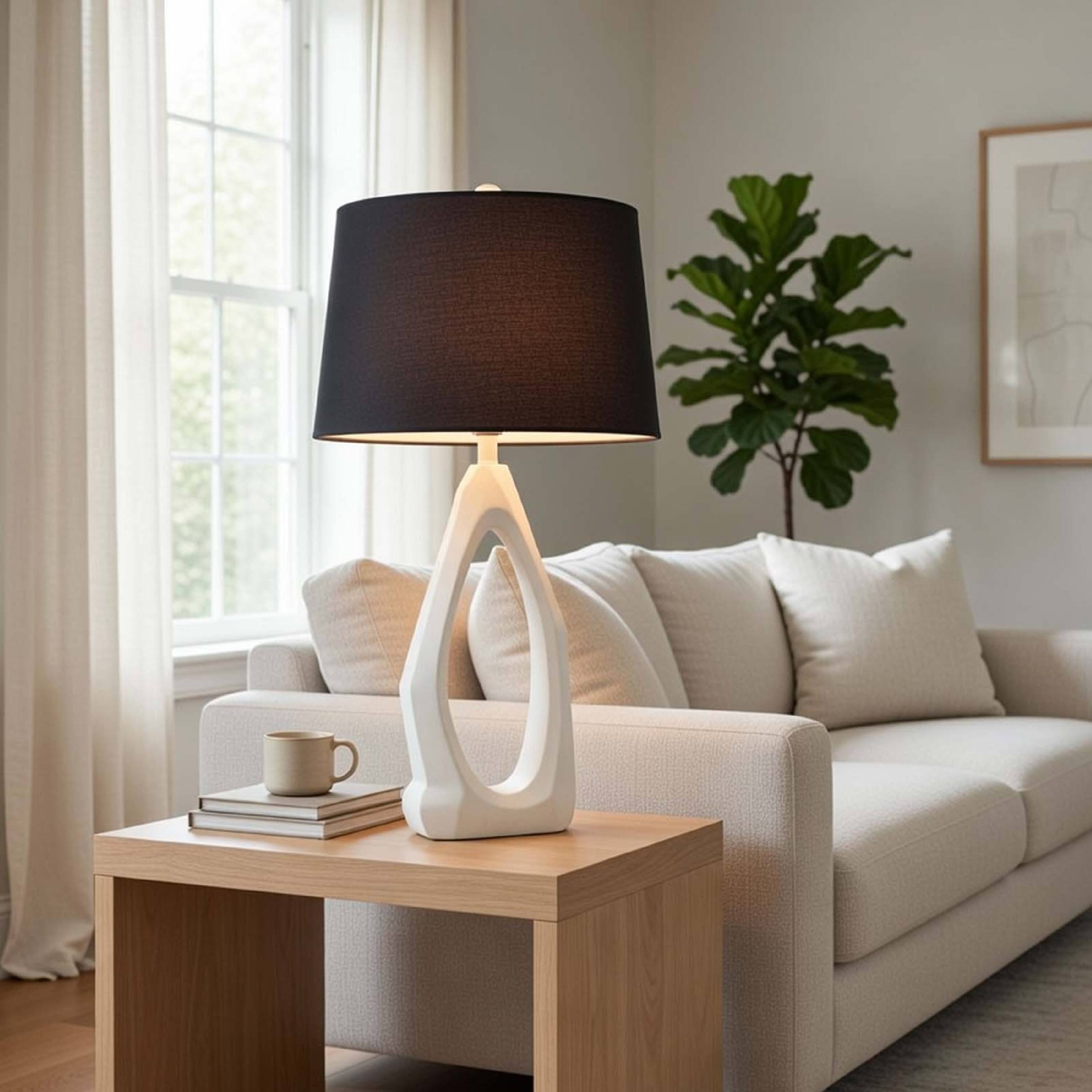 Alt View 5. Manhattan Lane - Table Lamp with Drum Shade, Sculpted Resin Base, 30 Inch - Hydrocal White, Black.