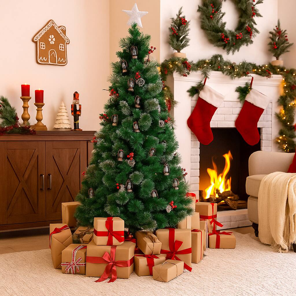 Angle. BreeBe - Artificial Xmas Tree 5FT 6FT 7FT with Red Berries and Classic Lantern Lights - Green.