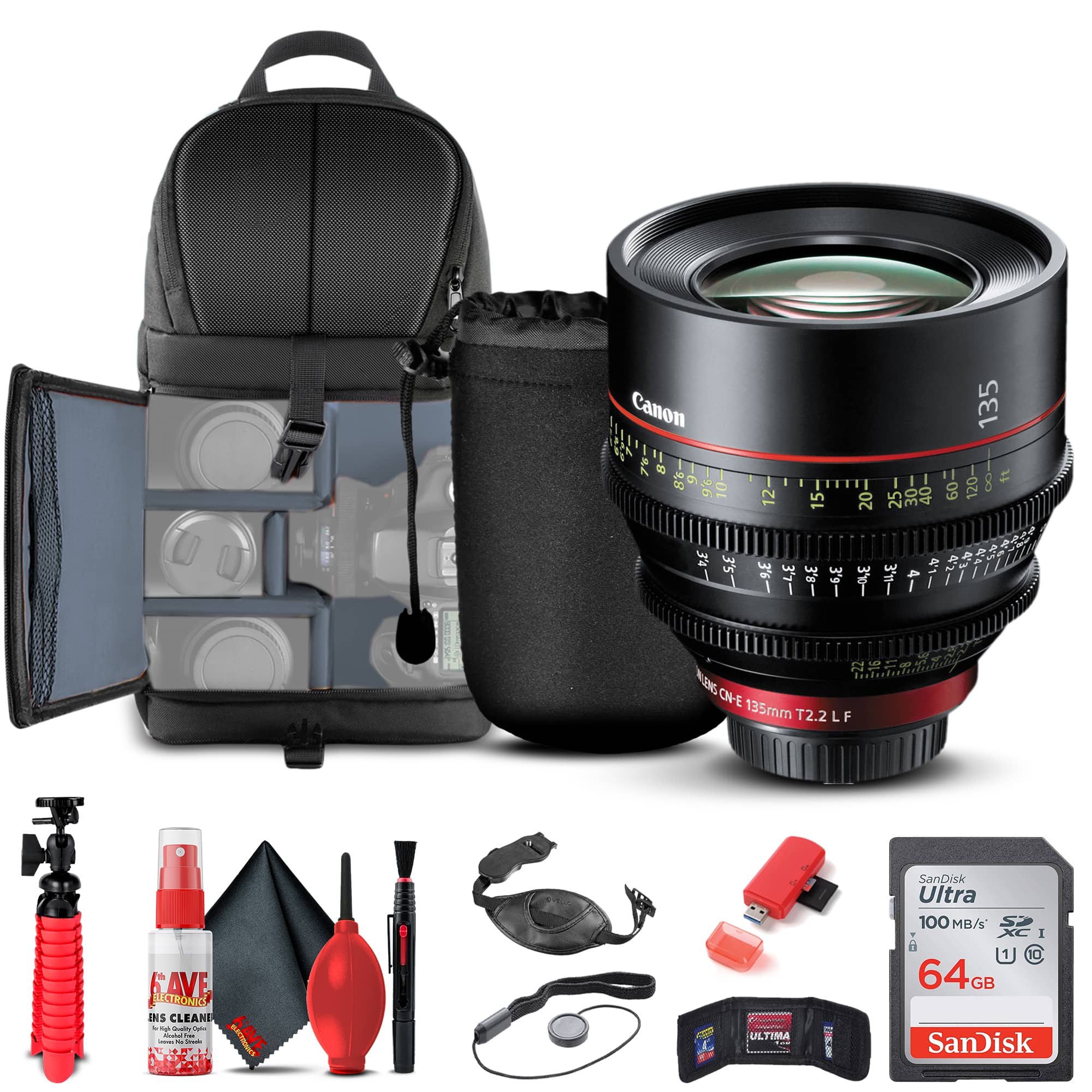 Canon - CN-E 135mm T2.2 L F Cinema Prime Lens (EF Mount) (8326B001) + Pro Sling Backpack + Tripod Bundle - Black