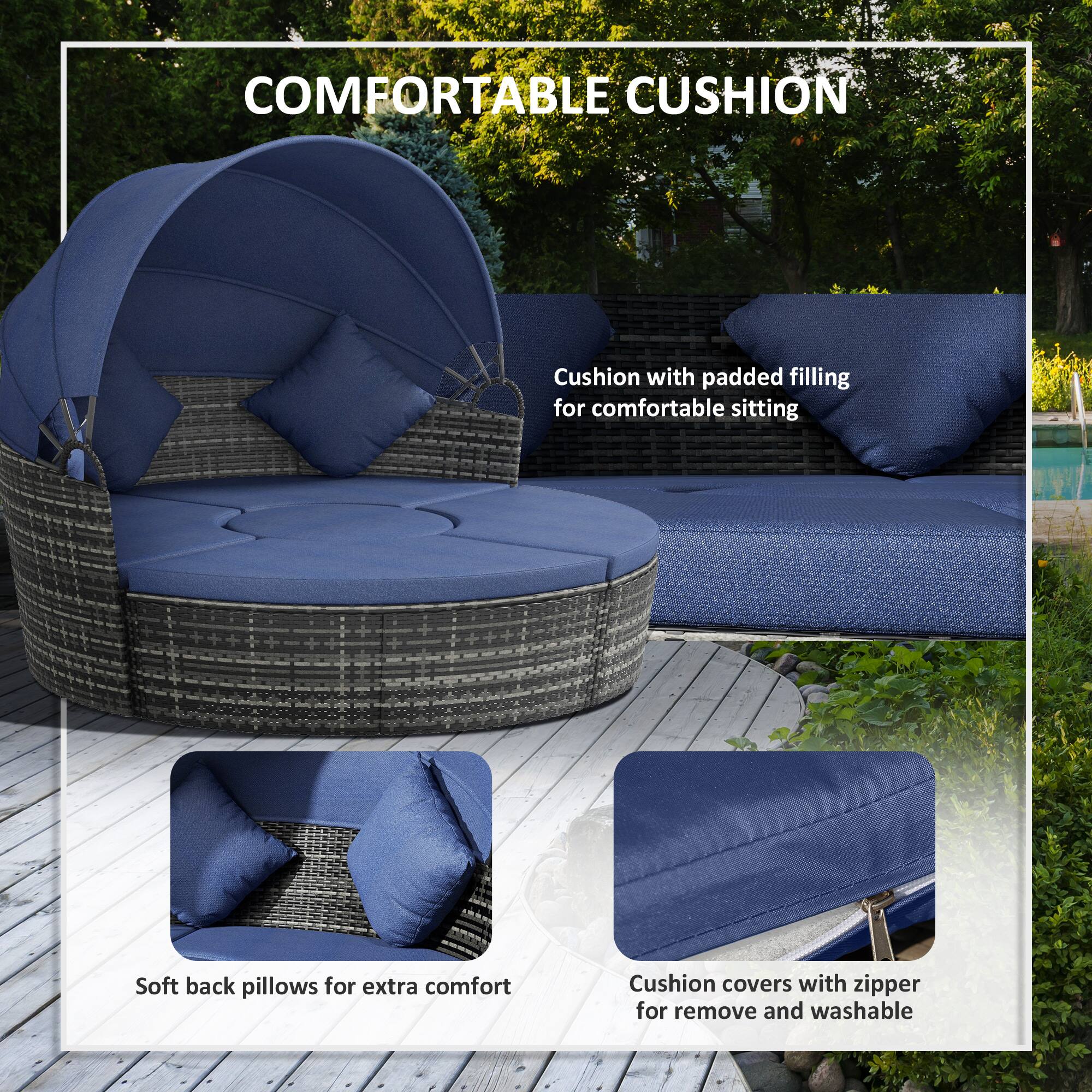 COMFORTABLE CUSHION

- Cushion with padded filling for comfortable sitting
- Soft back pillows for extra comfort
- Cushion covers with zipper for remove and washable