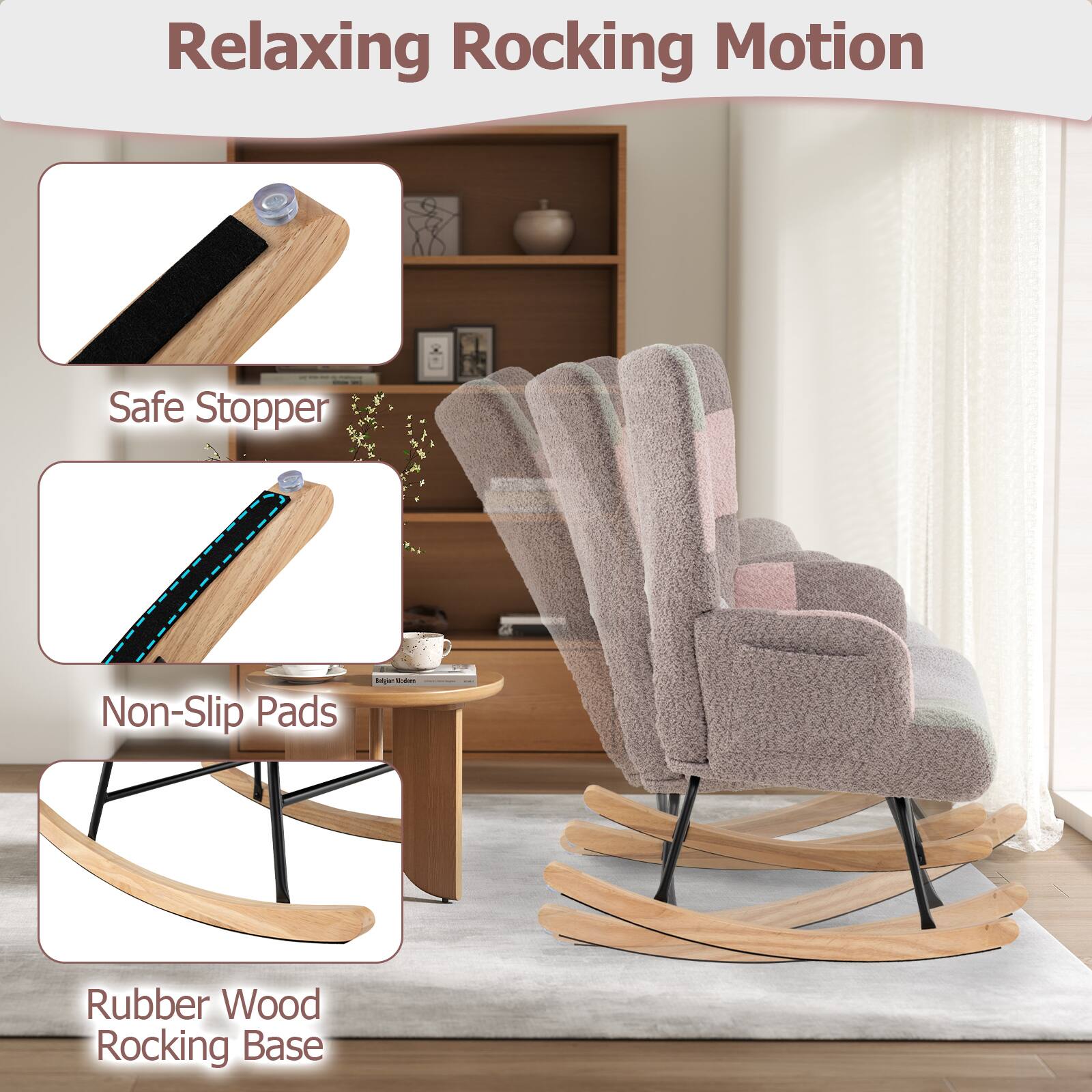 Relaxing Rocking Motion

Safe Stopper

Non-Slip Pads

Rubber Wood Rocking Base