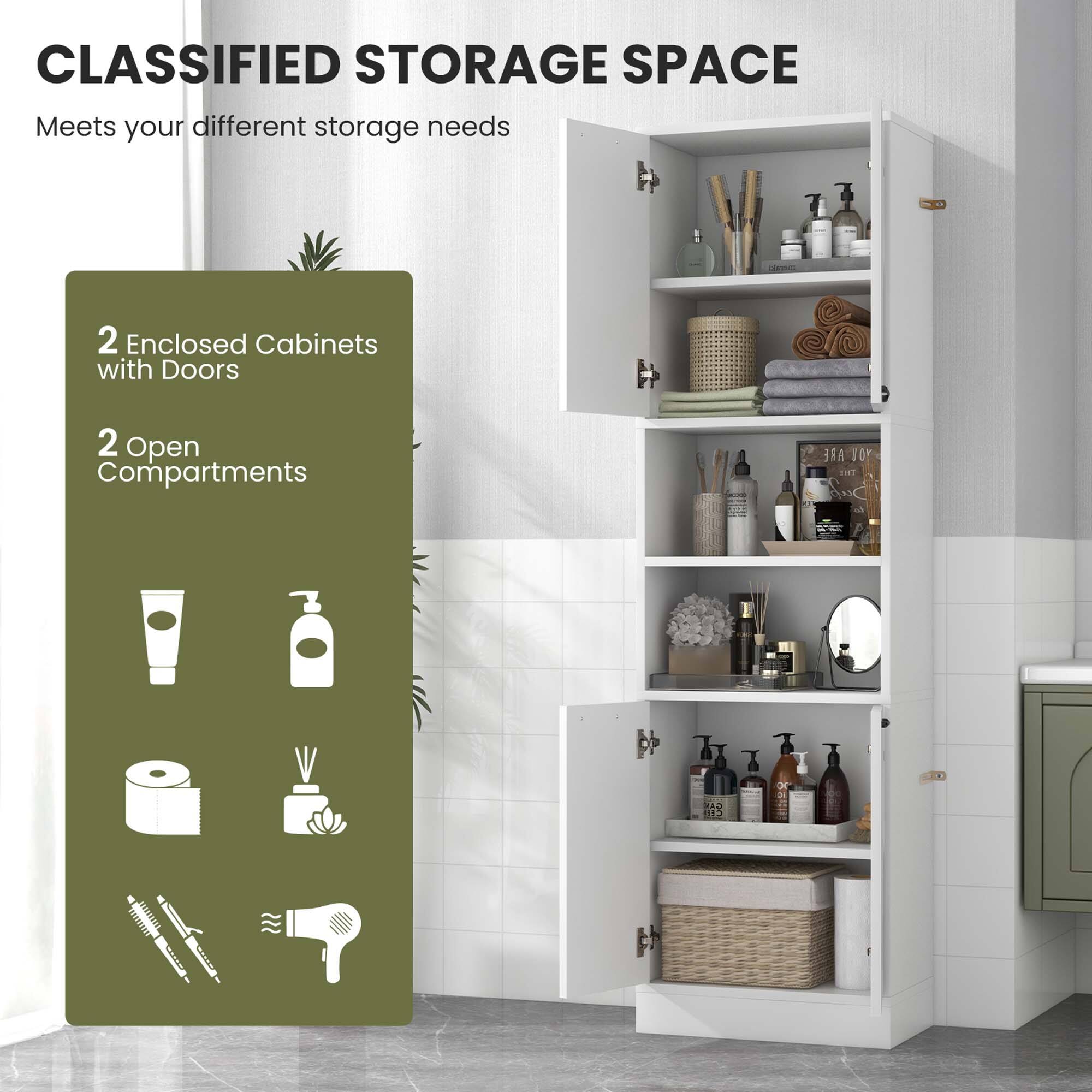 Classified Storage Space: Meets your different storage needs - 2 Enclosed Cabinets with Doors, 2 Open Compartments.