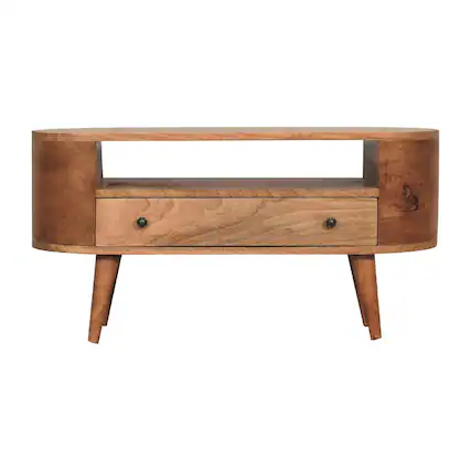 Front. Artisan Furniture - Artisan Furniture Solid Wood Mini Rounded Entertainment Unit, 1 Drawer, 1 Open Slot, Brown - Beige.