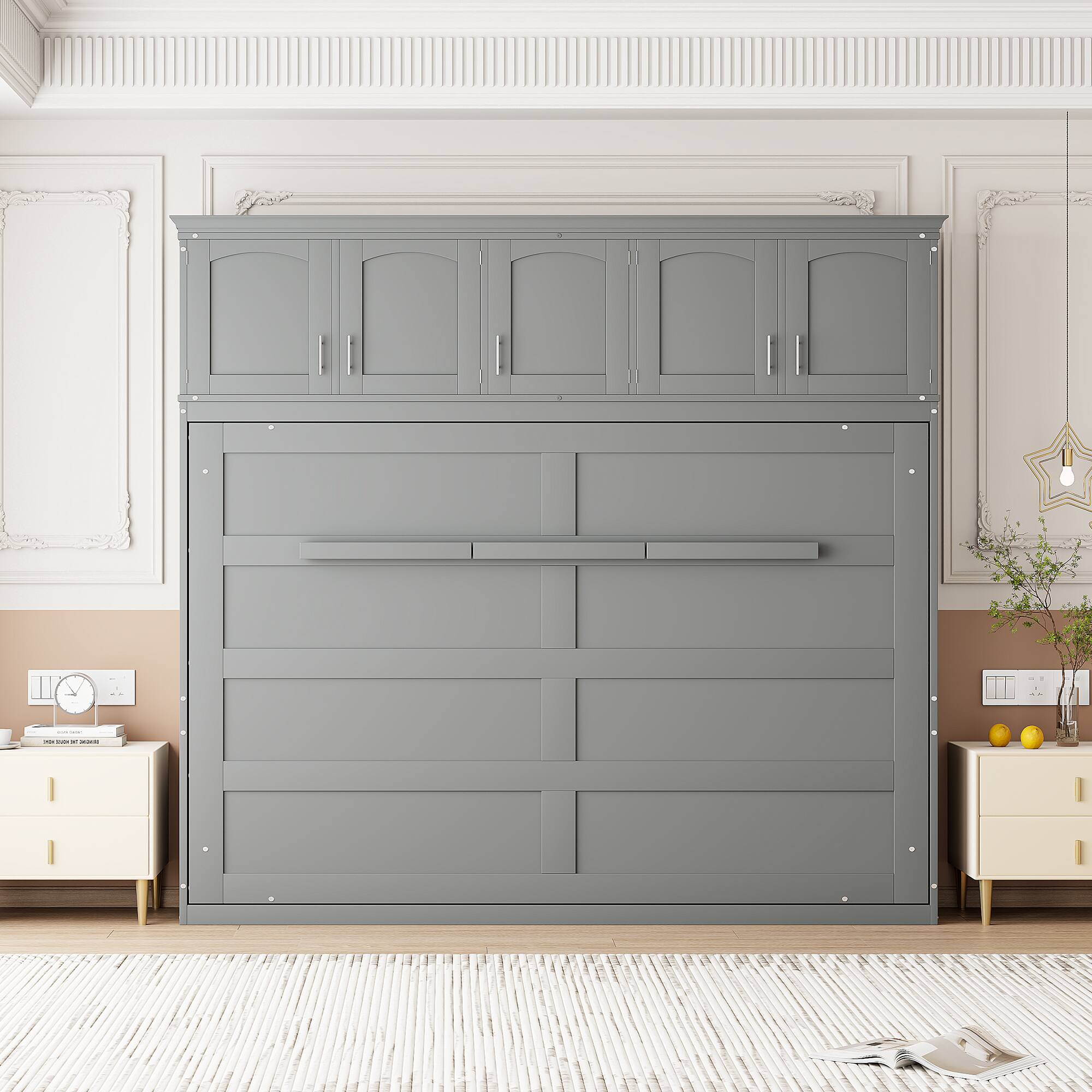 Left. Tiramisubest - Queen Size Gray Murphy Wall Bed with Cabinets, Plywood, Space-Saving - Gray.