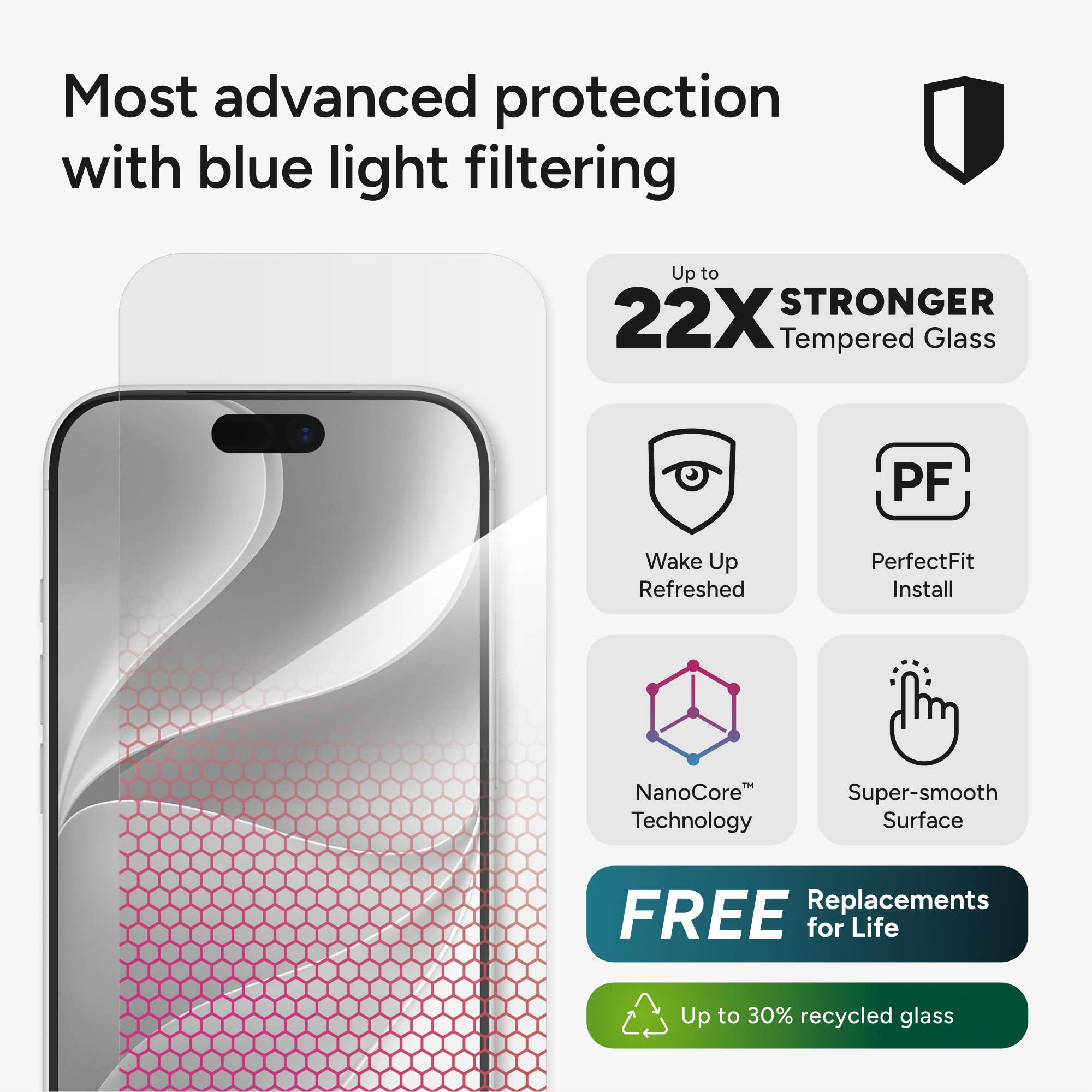 Most advanced protection with blue light filtering

Up to 22X STRONGER Tempered Glass

Wake Up Refreshed

PerfectFit Install

NanoCore™ Technology

Super-smooth Surface

FREE Replacements for Life

Up to 30% recycled glass