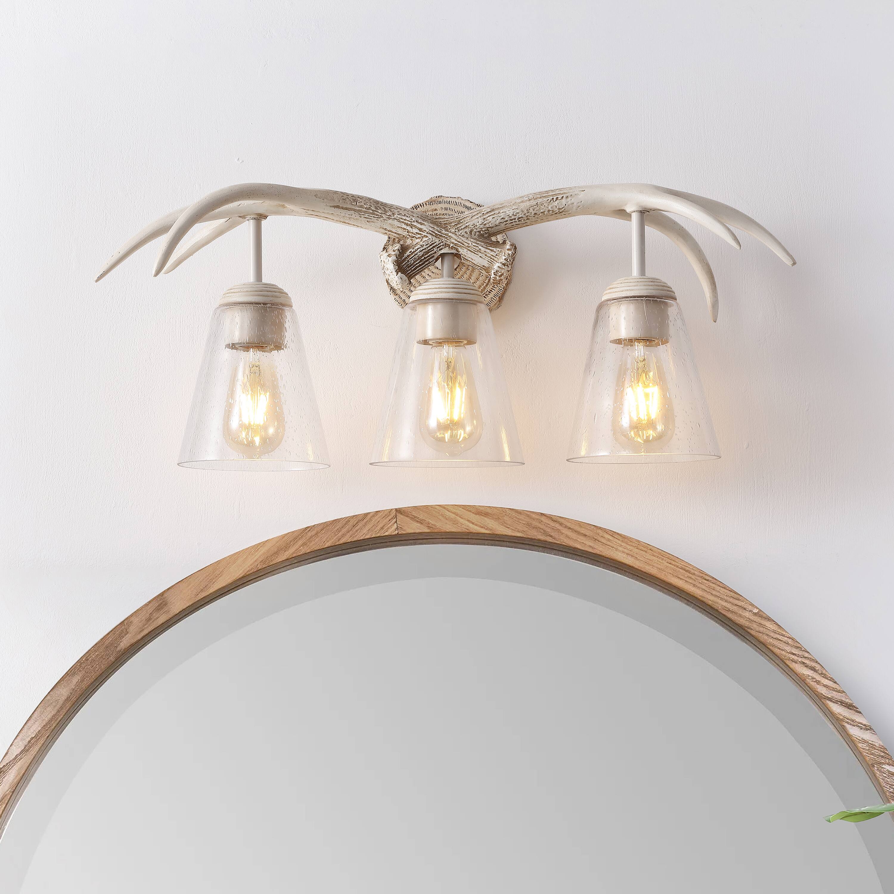 Alt View 1. Jonathan Y - Wyatt 25.5" 3-Light Southwestern Bohemian Resin/Seeded Glass Faux Antler LED Vanity Light,  Antique White Wood Finish - Antique White.