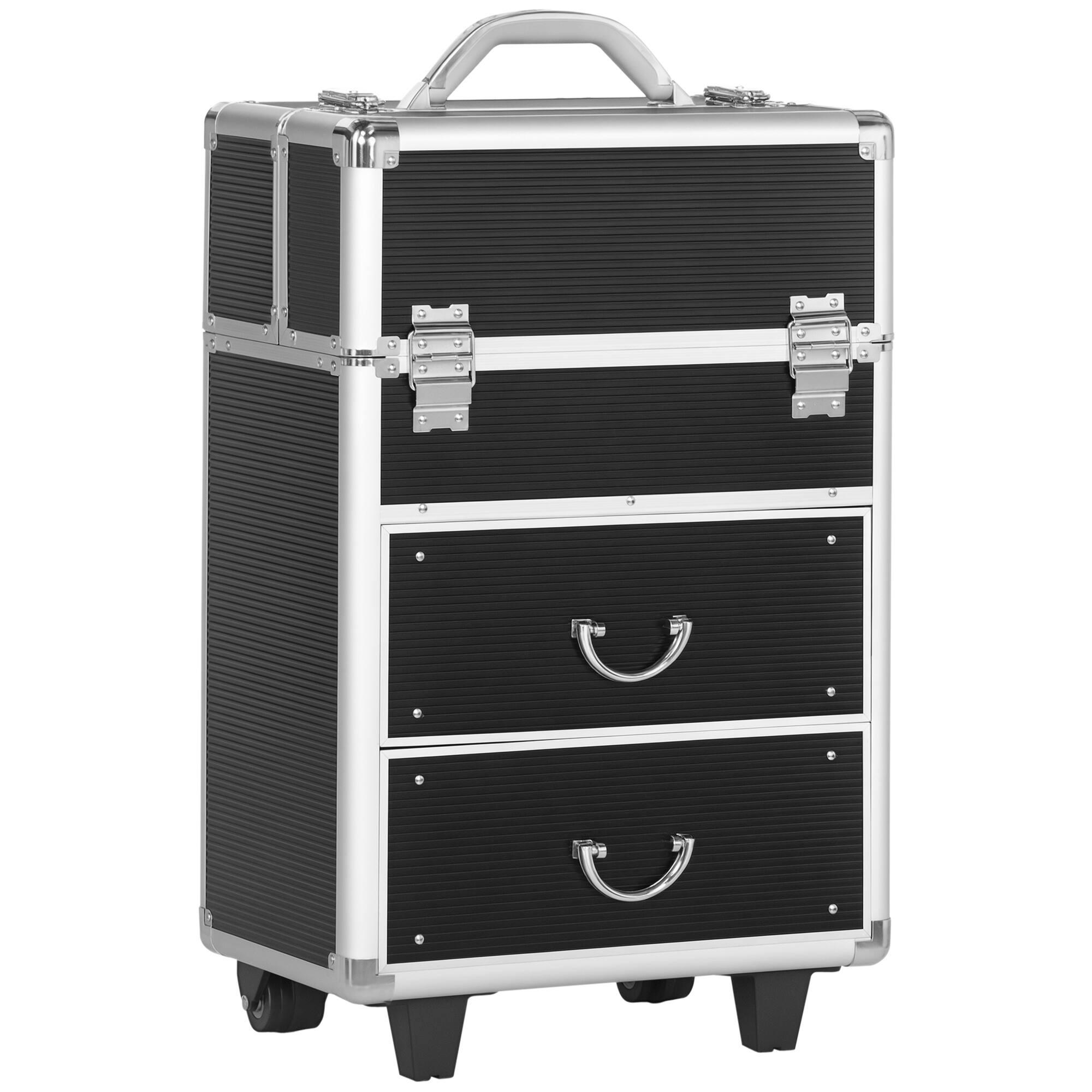 Homcom - Rolling Makeup Train Case, Large Storage Cosmetic Trolley, Lockable Traveling Cart Trunk with Folding Trays