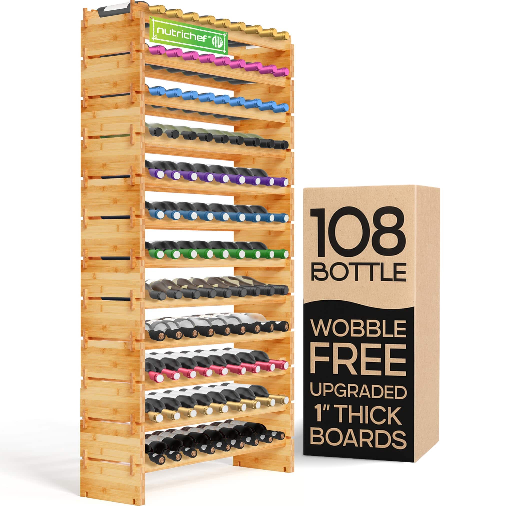 NutriChef - 108 Bottle Wine Rack, Bamboo, 12-Tier Modular Shelf, Wobble-Free, Easy No-Tool Assembly (SLWMDSF960)