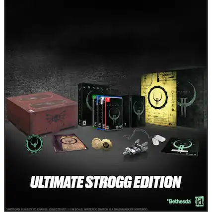**ULTIMATE STROGG EDITION**
"Artwork subject to change. Objects not 1:1 in scale. Nintendo Switch is a trademark of Nintendo."
"Bethesda id" - T (Teen 13+)
