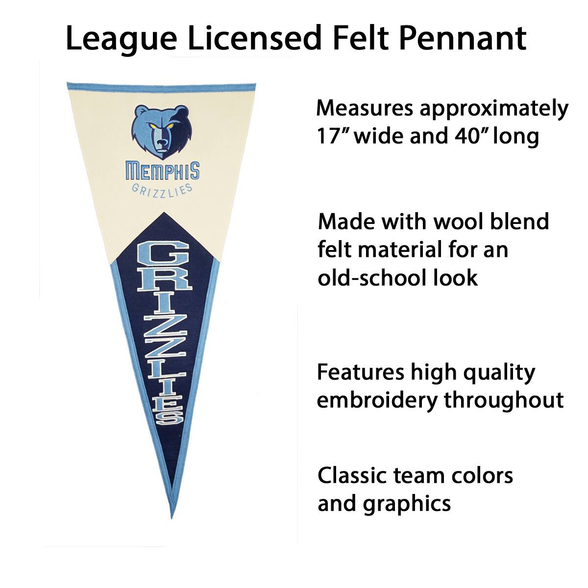 League Licensed Felt Pennant

- Measures approximately 17" wide and 40" long
- Made with wool blend felt material for an old-school look
- Features high quality embroidery throughout
- Classic team colors and graphics