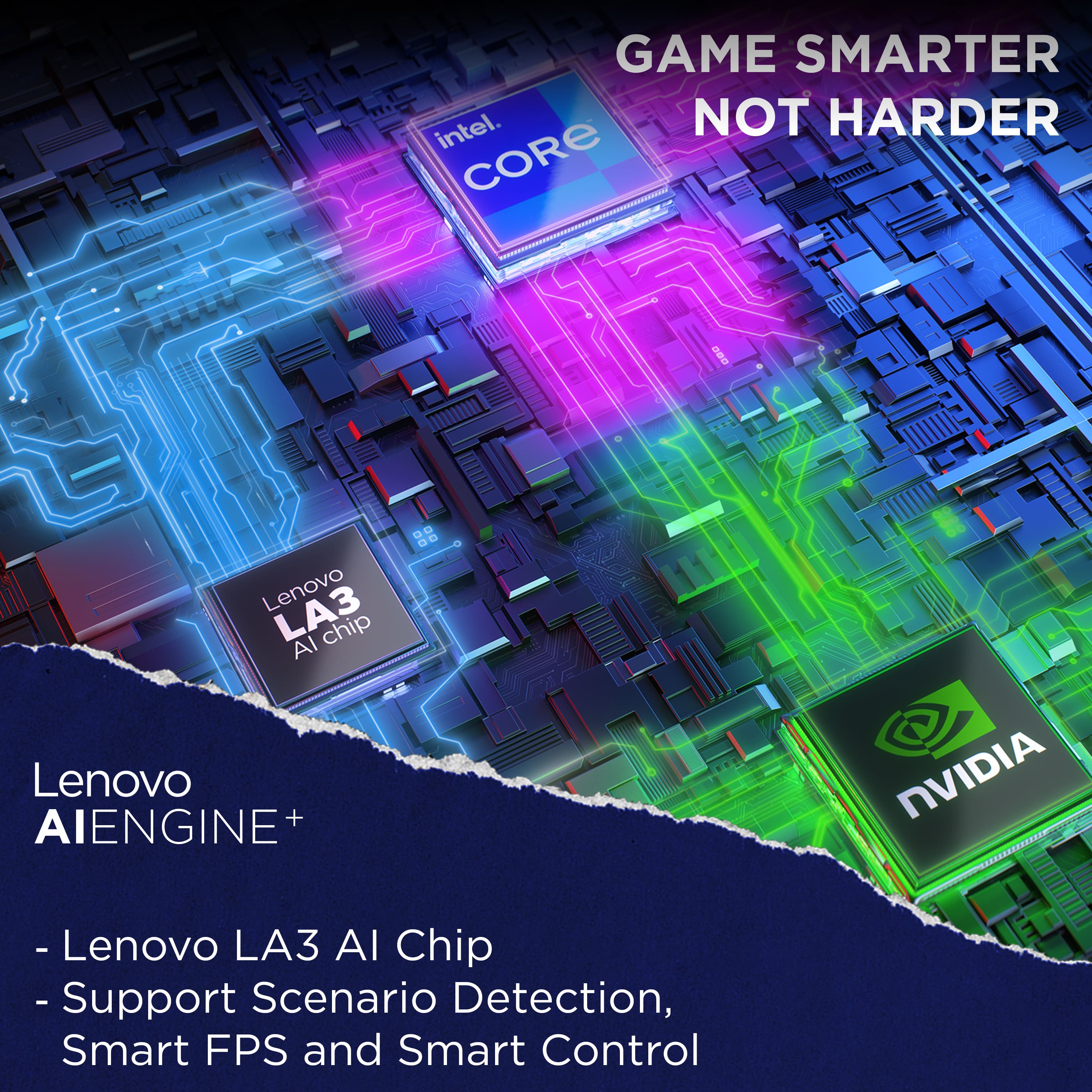 GAME SMARTER intel. NOT HARDER CORE Lenovo LA3 AI chip Lenovo AIENGINE+ NVIDIA - Lenovo LA3 AI Chip - Support Scenario Detection, Smart FPS and Smart Control