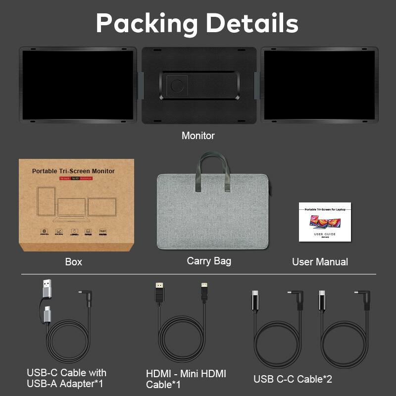 Packing Details

Monitor Portable Tri-Screen Monitor 1m1 S0 SIAA Partaisia n-420 - Linore D

Box Carry Bag User Manual USB-C Cable with USB-A Adapter*1 HDMI - Mini HDMI Cable*1 USB C-C Cable*2