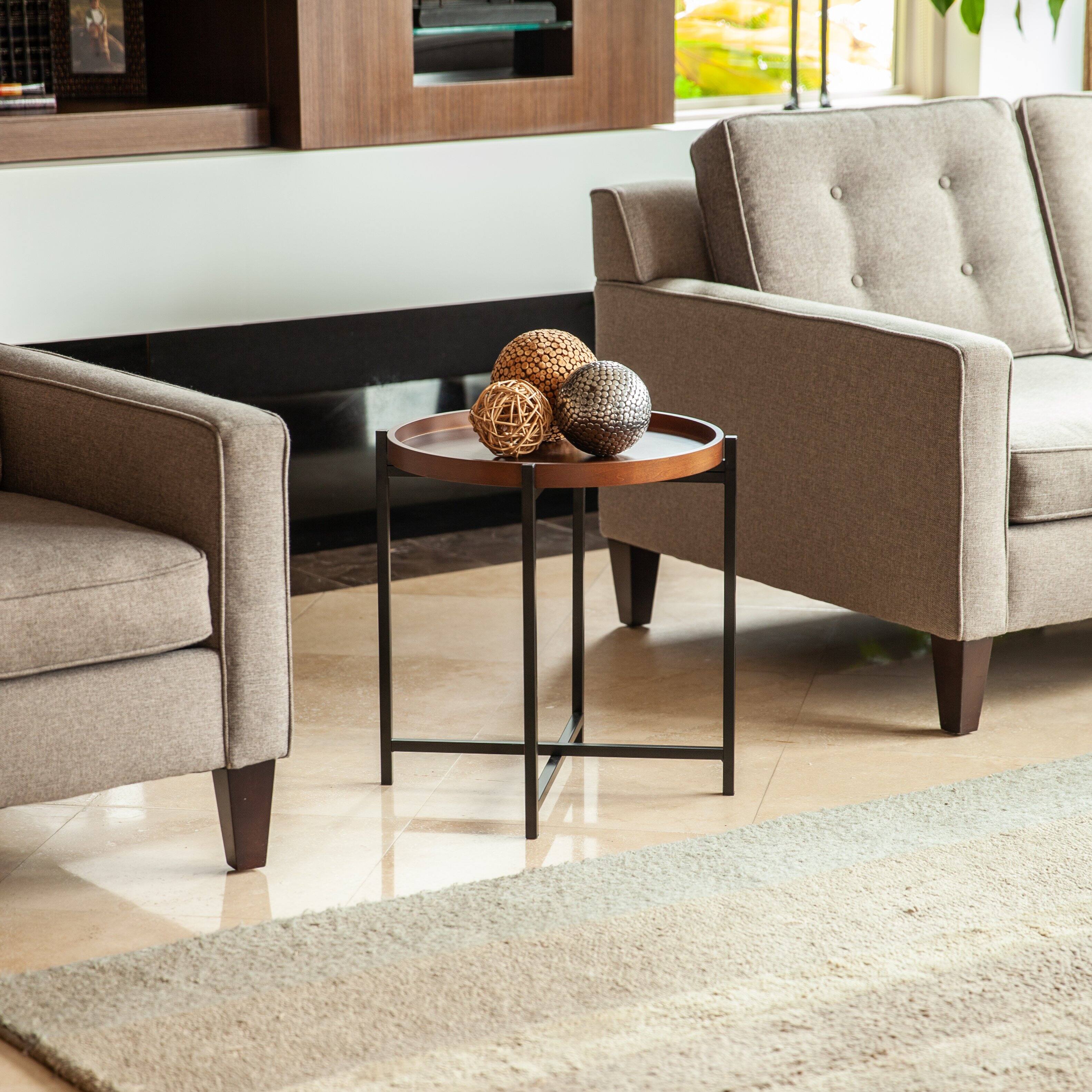 Left. Danya B - Mid-century Modern Round Side Table with Removable Wood Tray - Black, Walnut.