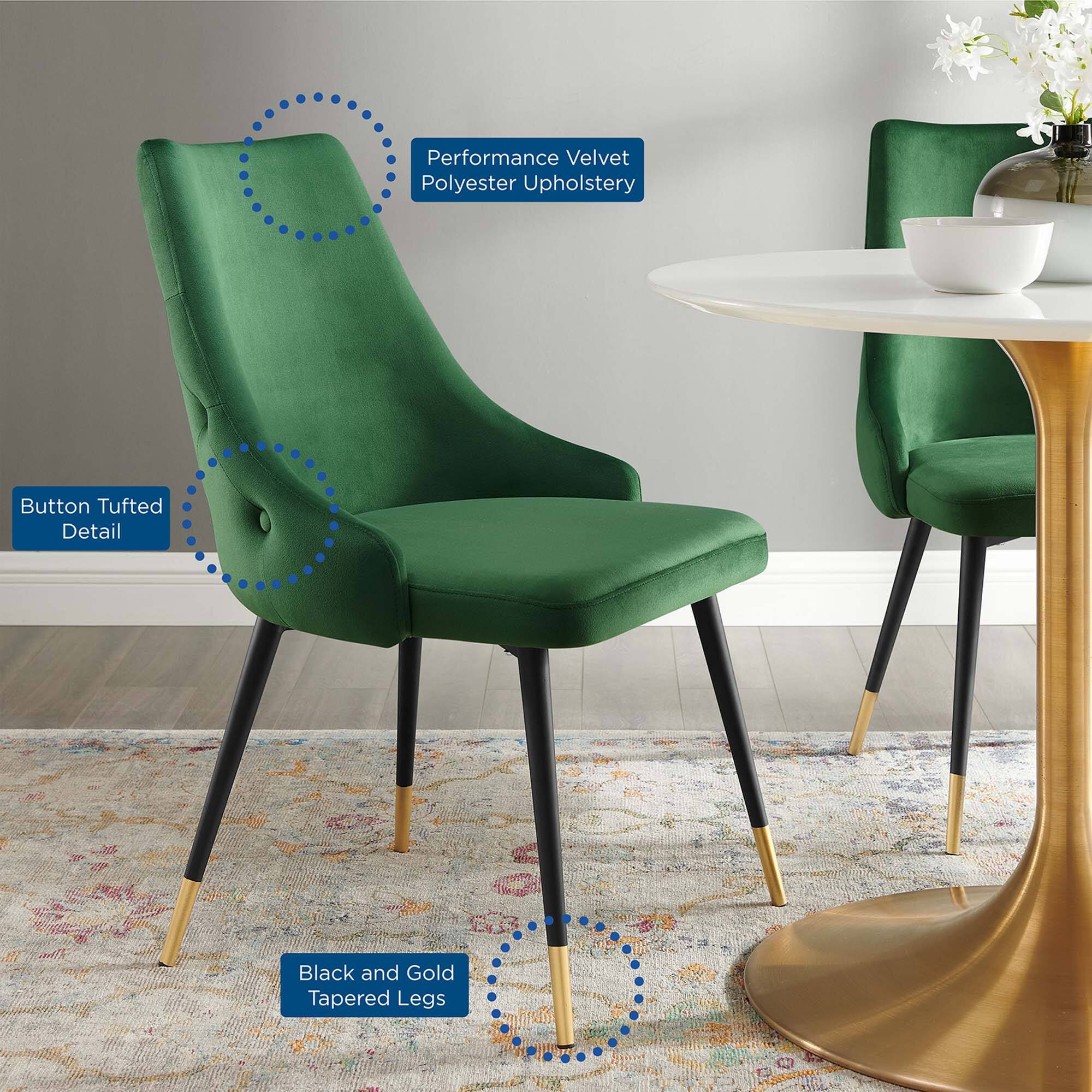 Performance Velvet Polyester Upholstery  
Button Tufted Detail  
Black and Gold Tapered Legs