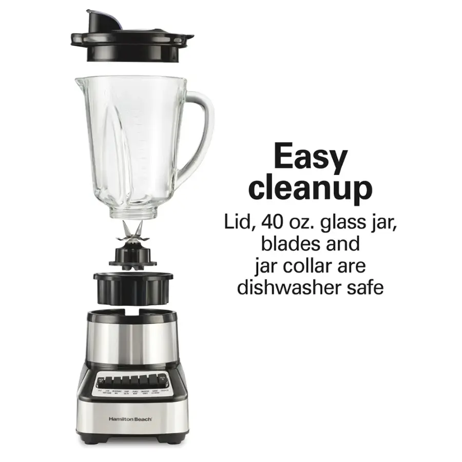 Easy cleanup: Lid, 40 oz. glass jar, blades and jar collar are dishwasher safe. Hamilton Beach.