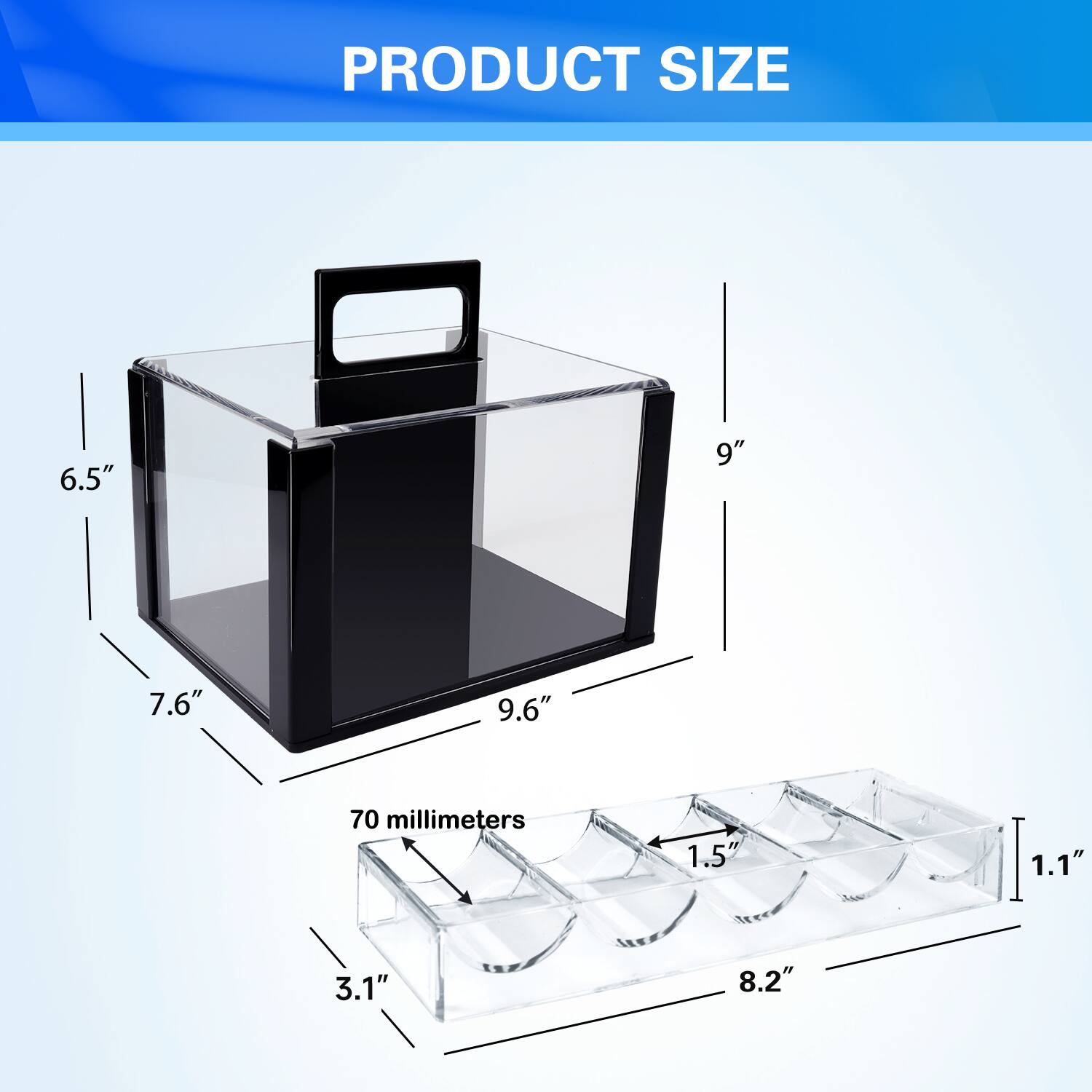 PRODUCT SIZE
6.5"
9"
7.6"
9.6"
70 millimeters
1.5"
1.1"
3.1"
8.2"