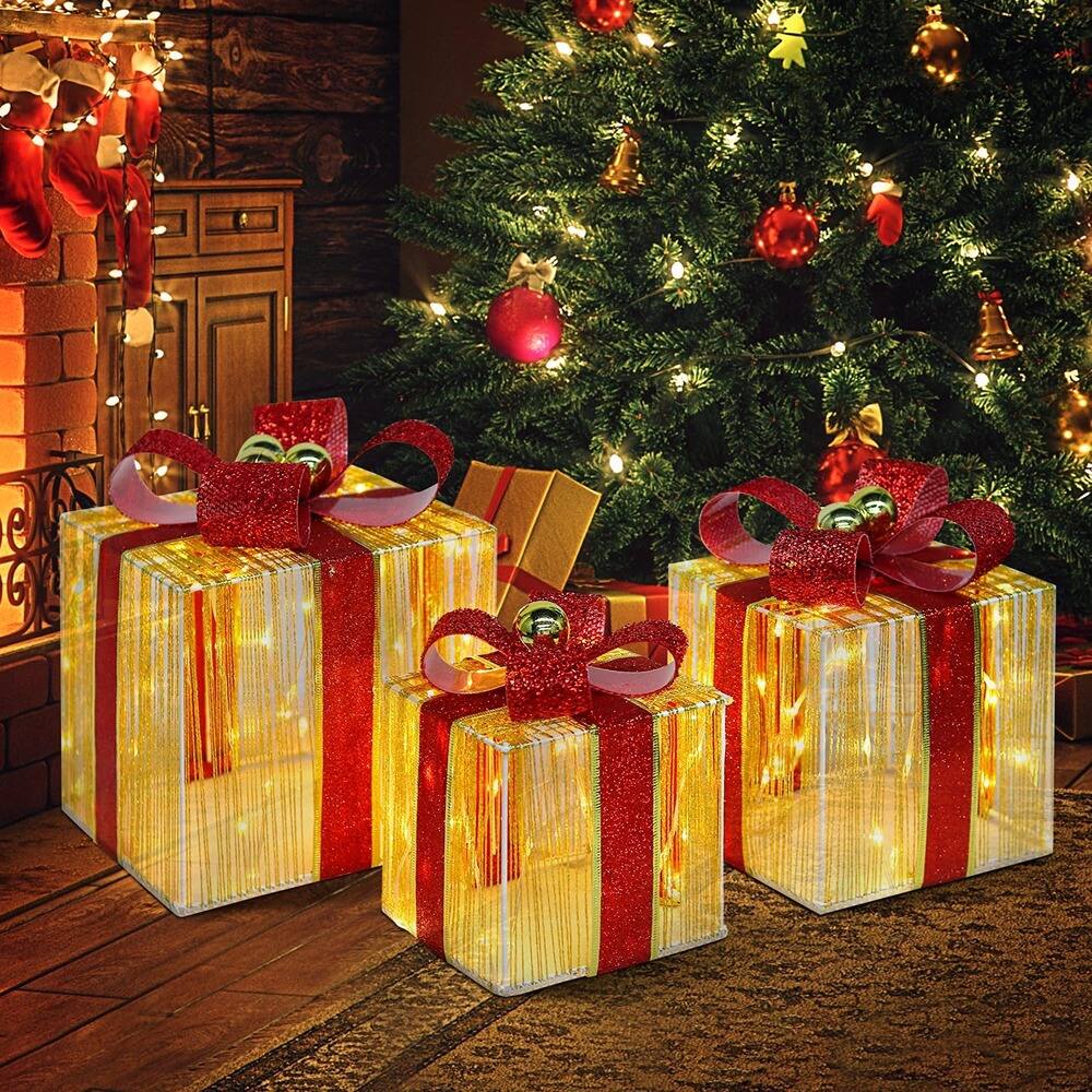 RTMB - Set of 3 LED Christmas Gift Boxes, 140 Lights, Metal Frame w/ Gold Accents - Warm White