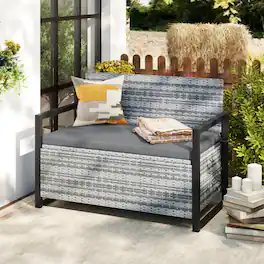 Mondawe - 46" Patio Storage Bench Wicker Loveseat with Built-in 40 Gal Storage - Gray