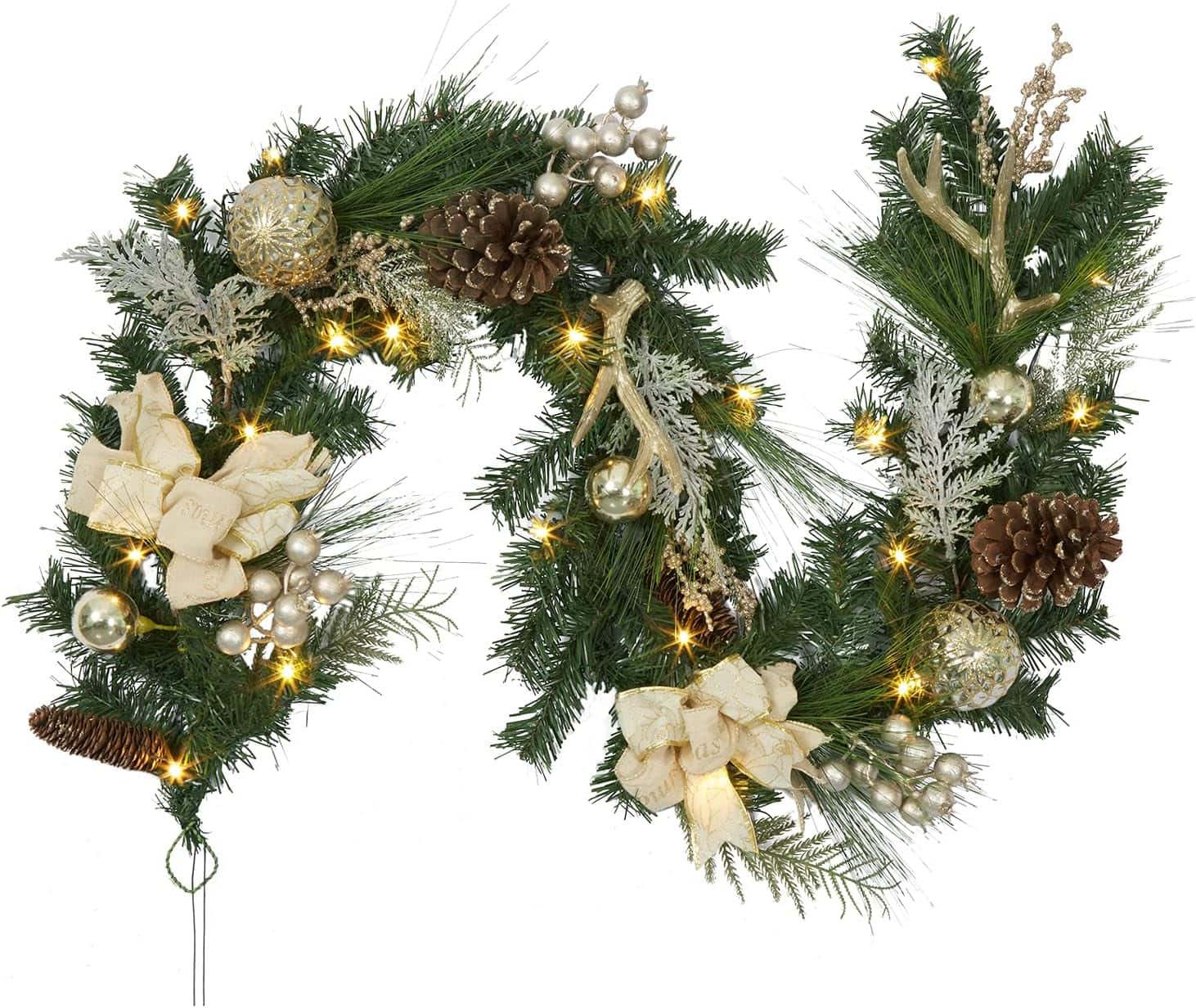 Acekool - 6 ft Christmas Decorations Multi-Color Christmas Garland with Pine Cones, Antlers & Ornaments - Gold