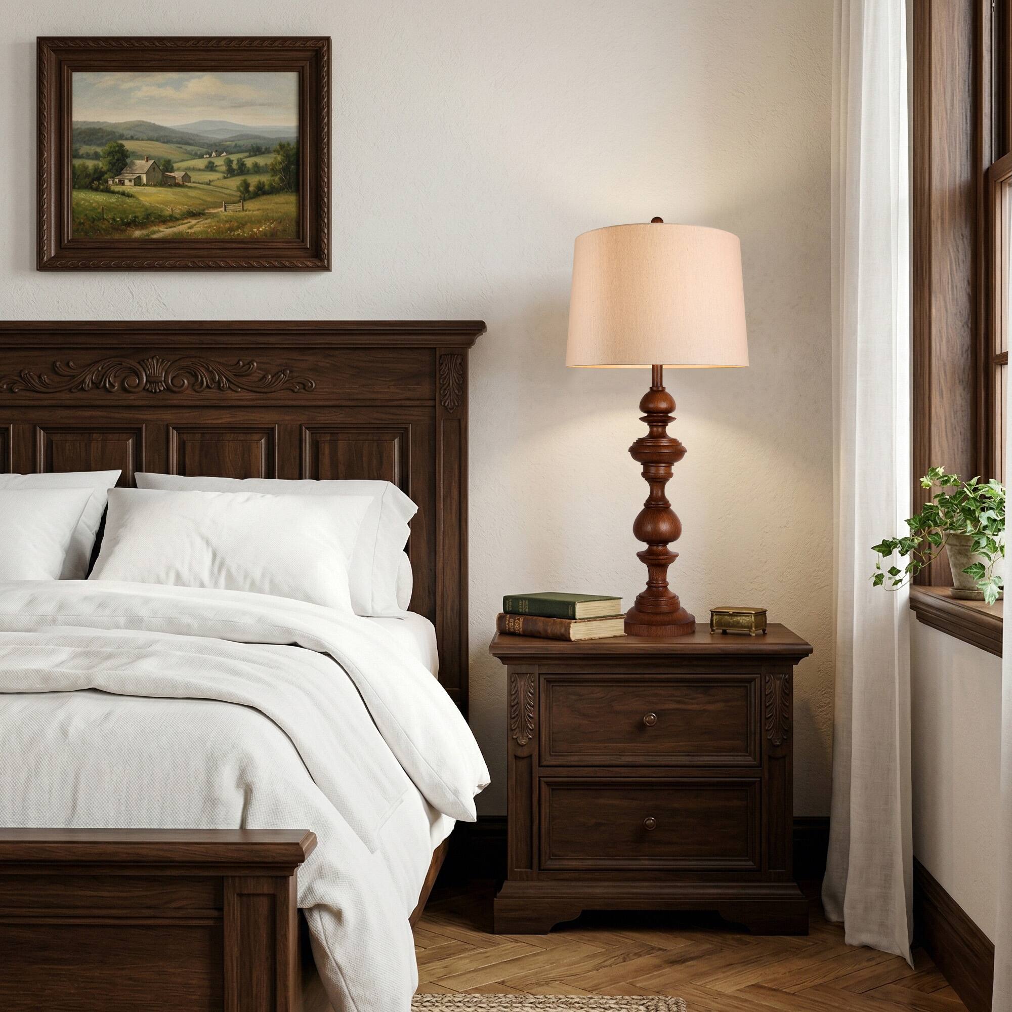 Angle. partphoner - Dark Brown Turned Spindle Wood Table Lamp - Brown.