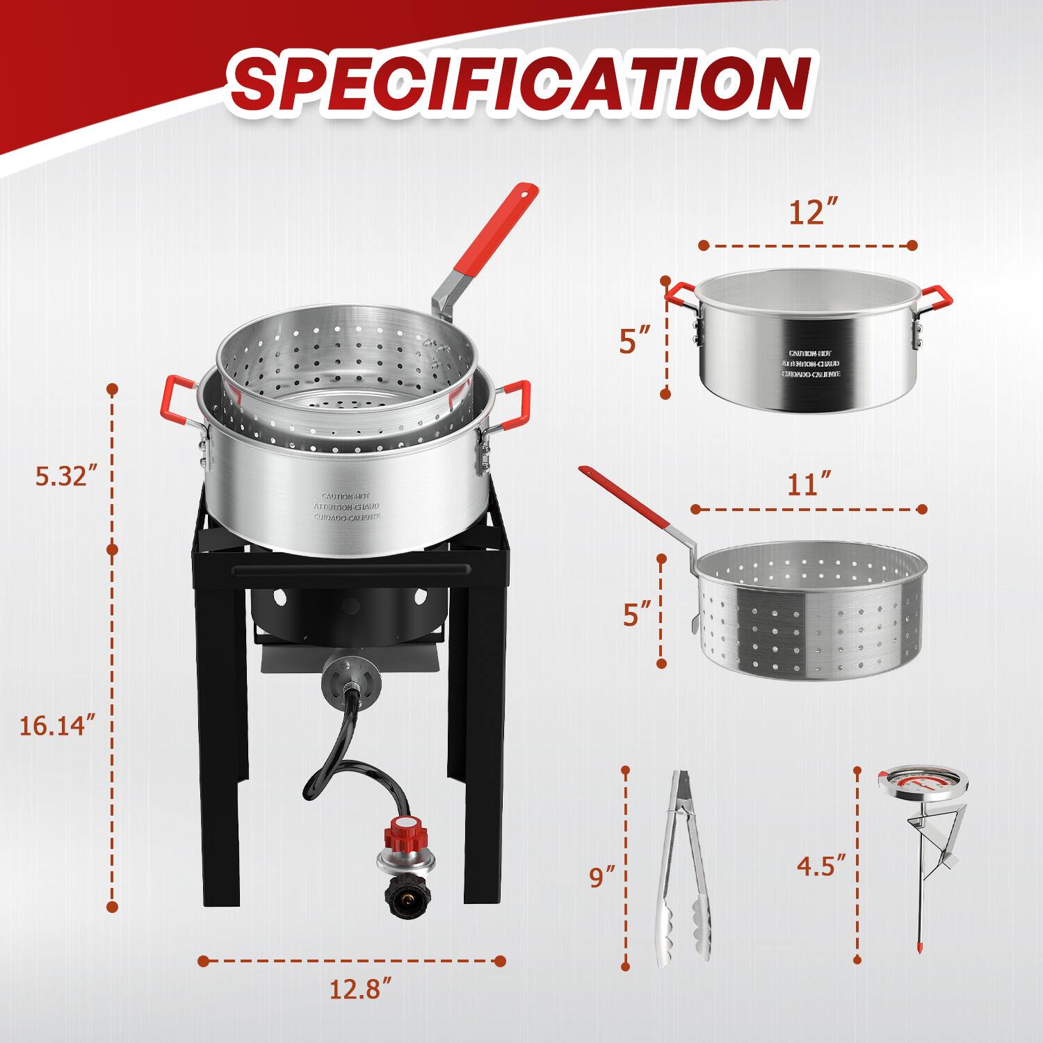 SPECIFICATION

- 12"
- 5"
- 5.32"
- 11"
- 16.14"
- 12.8"
- 9"
- 4.5"