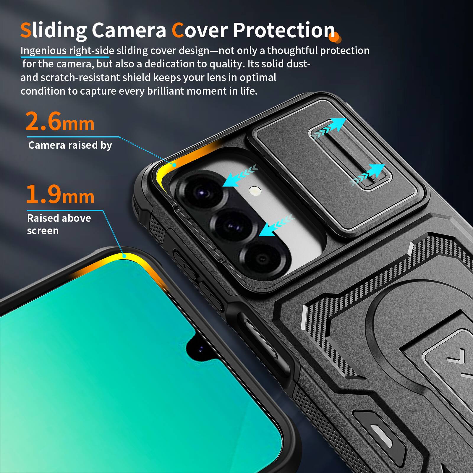 Sliding Camera Cover Protection

Ingenious right-side sliding cover design—not only a thoughtful protection for the camera, but also a dedication to quality. Its solid dust- and scratch-resistant shield keeps your lens in optimal condition to capture every brilliant moment in life.

2.6mm Camera raised by 1.9mm

Raised above screen