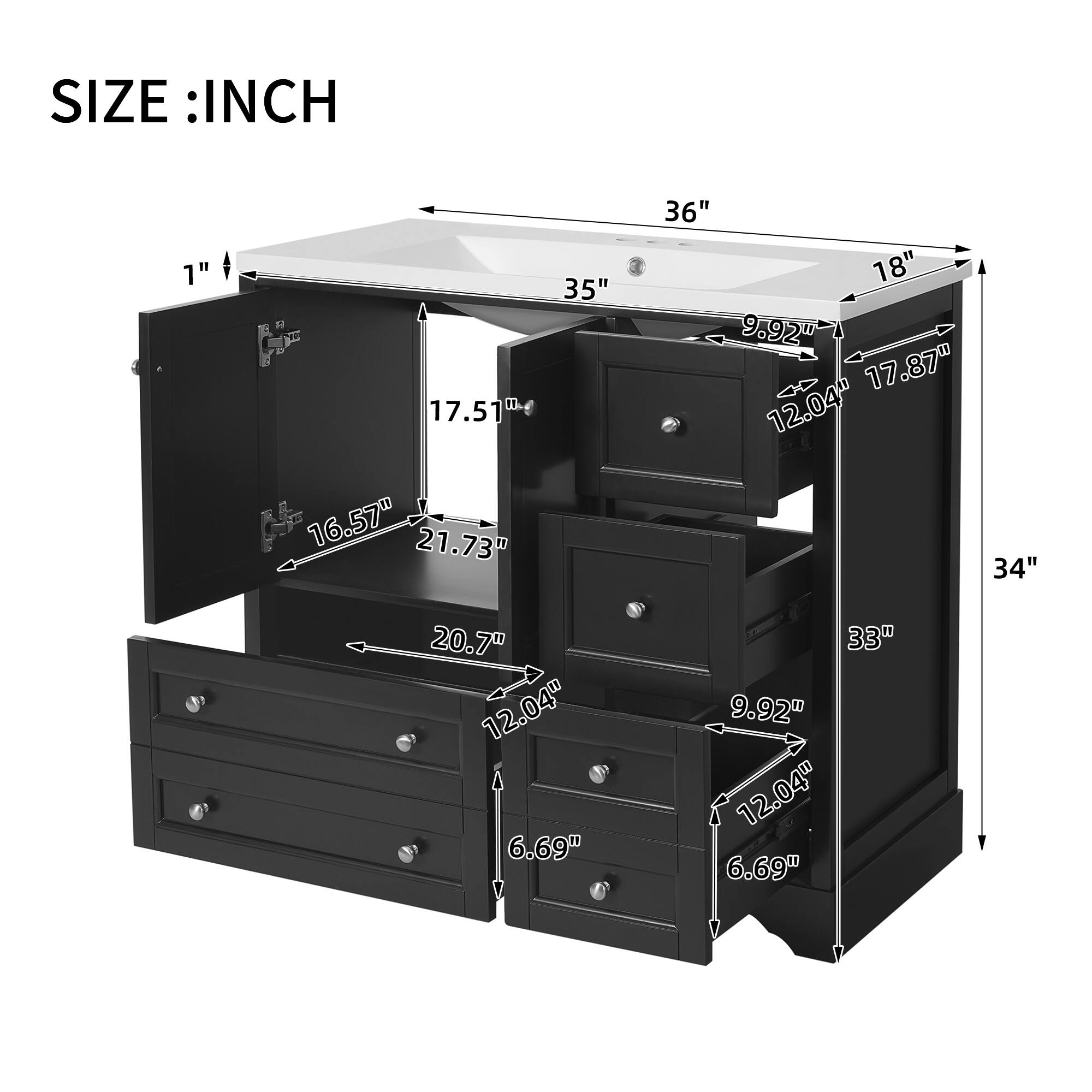 SIZE: INCH

- 1"
- 17.51"
- 16.57"
- 21.73"
- 35"
- 36"
- 18"
- 9.92"
- 17.87"
- 12.04"
- 34"
- 20.7"
- 12.04"
- 6.69"
- 33"
- 9.92"
- 12.04"
- 6.69"