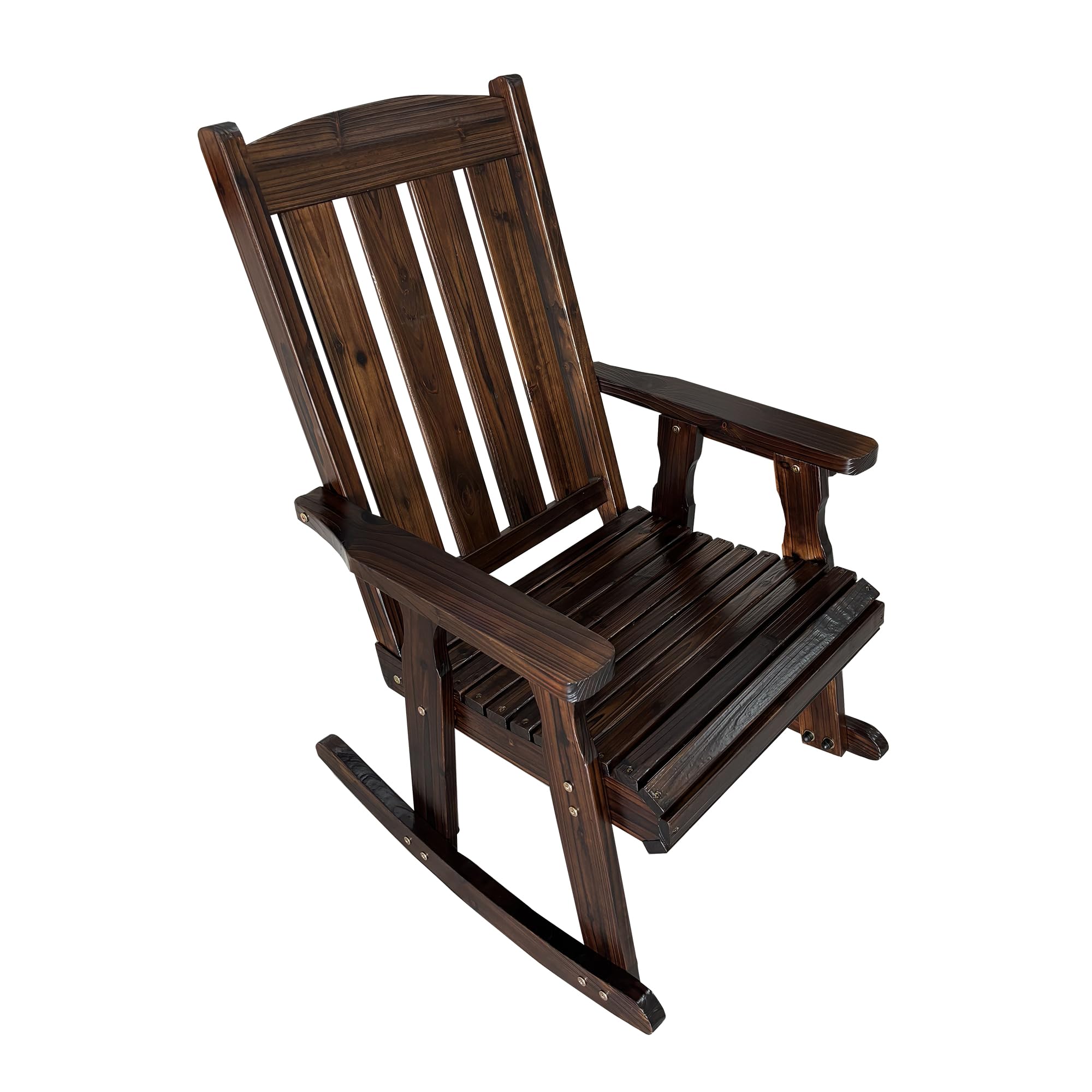 Back. Fortune Candy - Wooden Patio Rocking Chair with Comfortable Backrest and Deep Contoured Seat, for Both Outdoor and Indoor - Deep Brown.