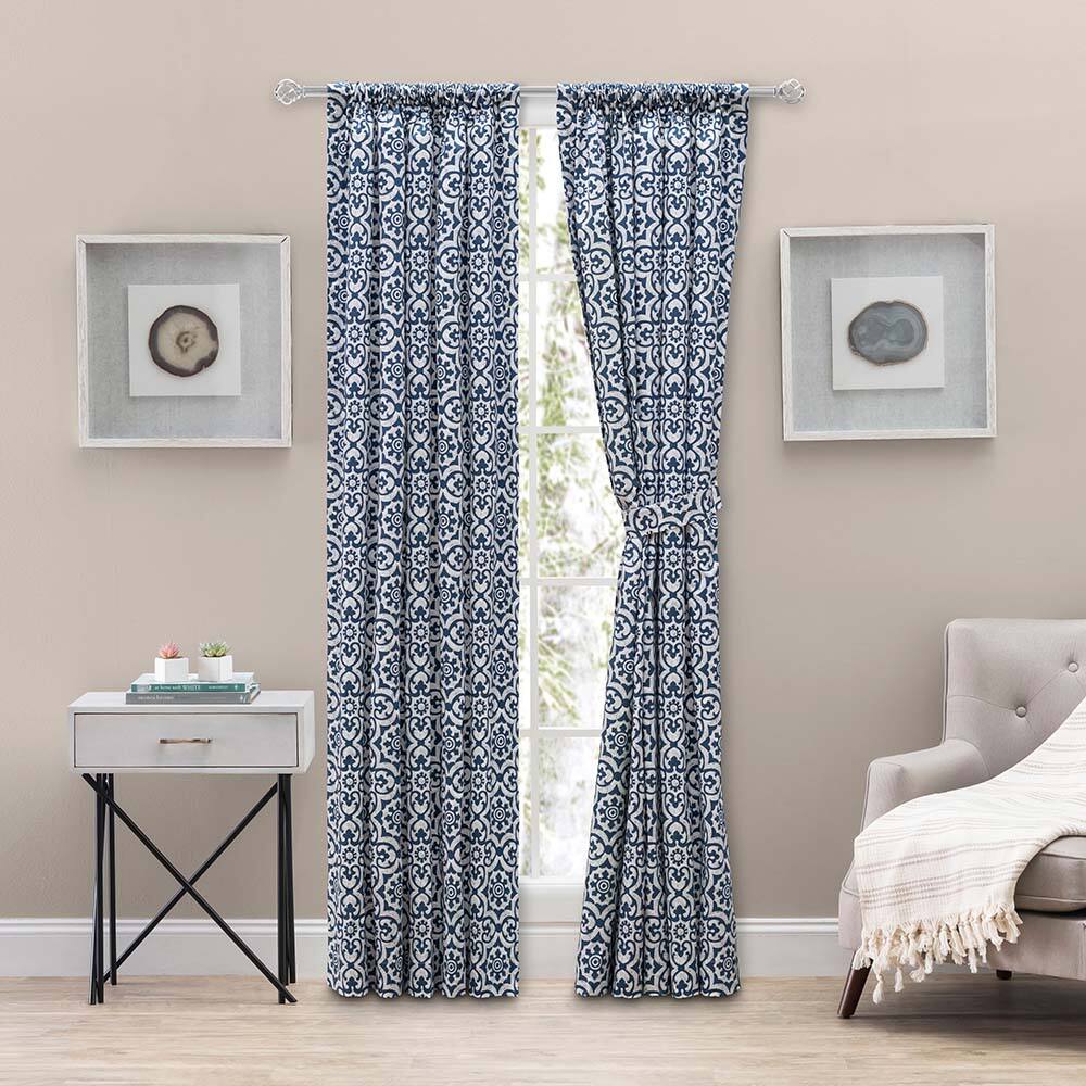 Left. Ellis Curtain - Ellis Athens Printed Tile Design on a Ground 3" Rod Pocket Premium Tailored Pairs 100"x63" Navy - Navy.