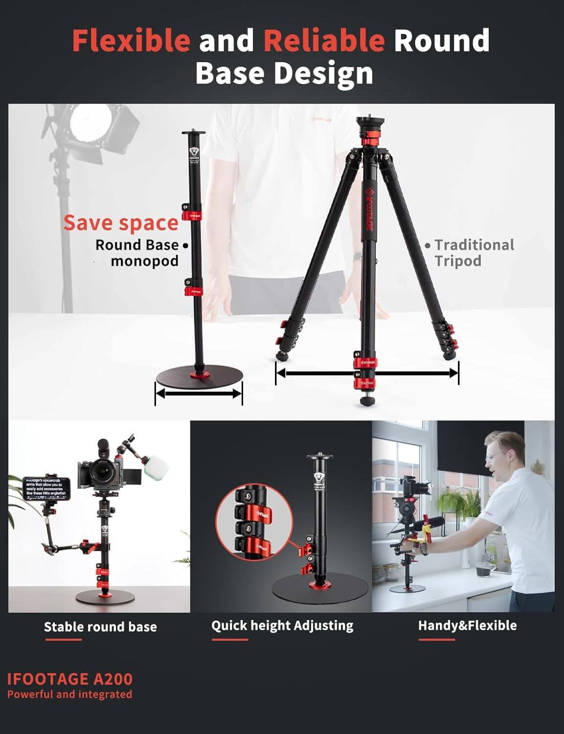 Flexible and Reliable Round Base Design

- Save space
  - Round Base monopod

- Traditional Tripod

- Stable round base

- Quick height Adjusting

- Handy&Flexible

IFOOTAGE A200
Powerful and integrated