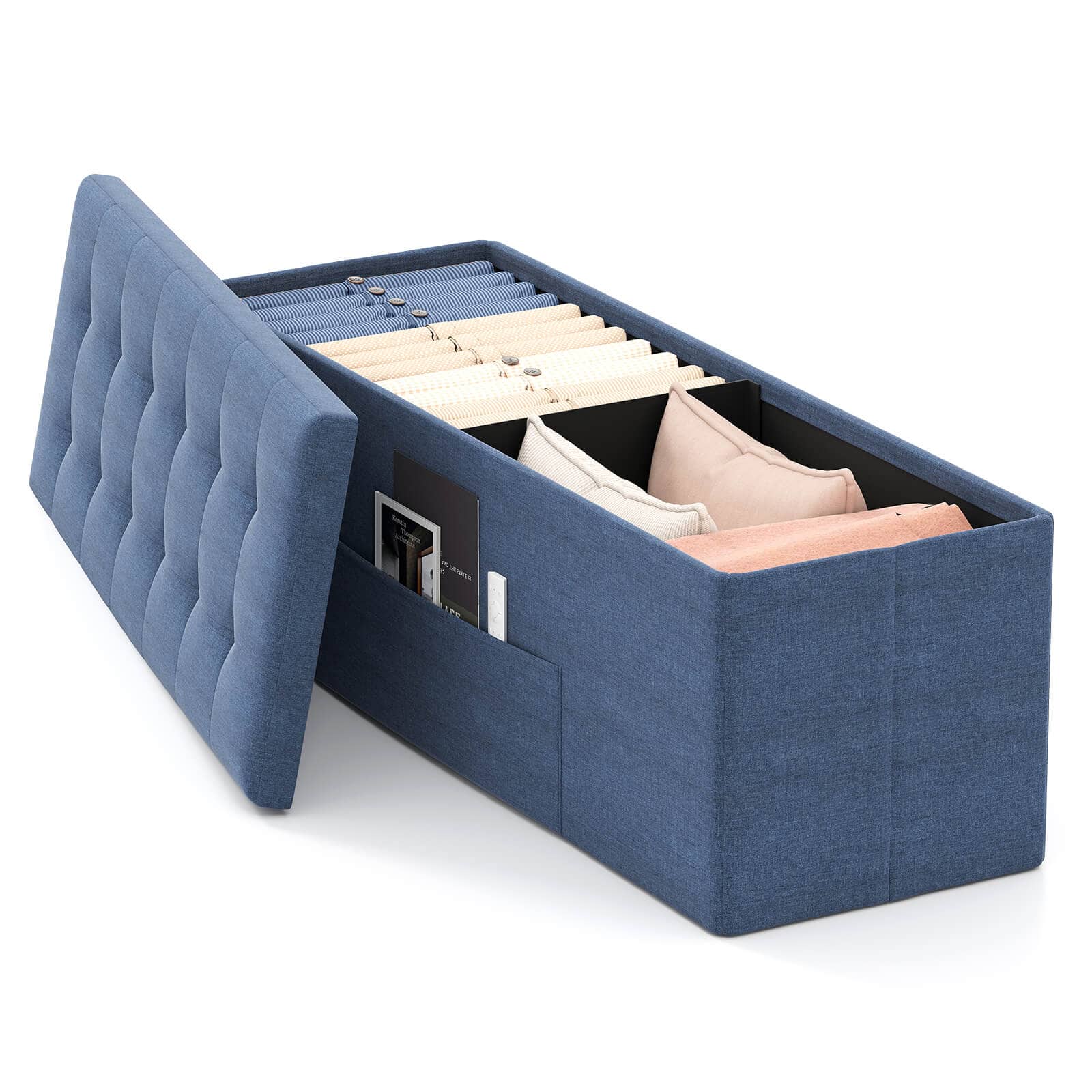Costway - Fabric Folding Storage Ottoman Storage Chest W/Divider Bed End Bench - Navy
