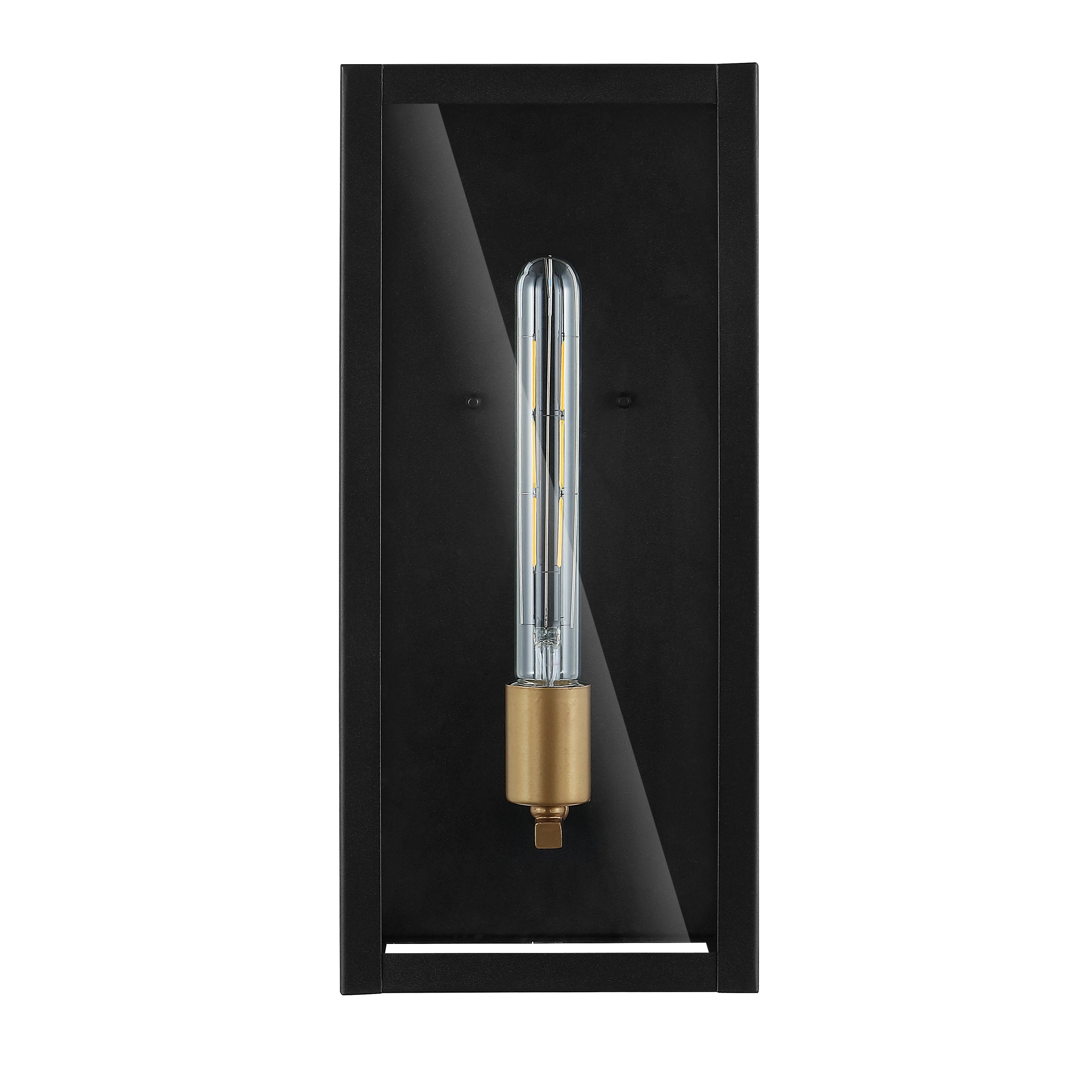 Alt View 6. Jonathan Y - Berlin 16" Modern Industrial Indoor/Outdoor Rectangular Iron/Glass LED Outdoor Lantern, Black/Gold Painting - Black/Gold Painting.