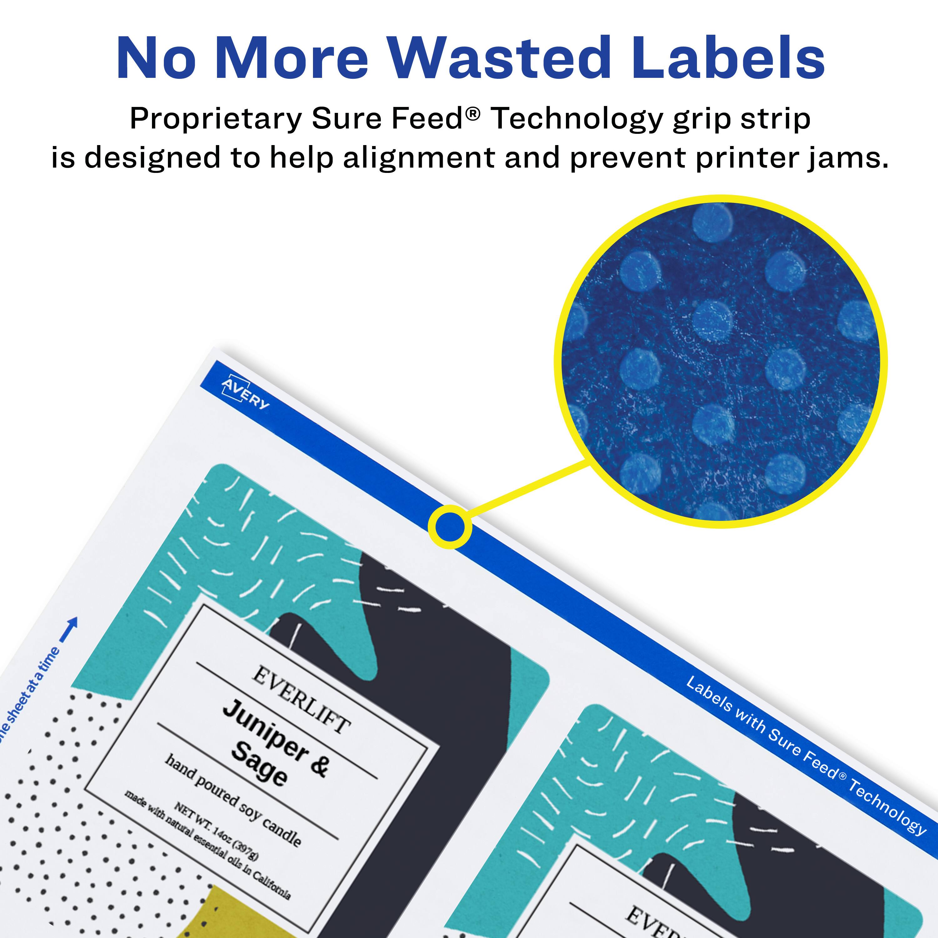No More Wasted Labels  
Proprietary Sure Feed® Technology grip strip is designed to help alignment and prevent printer jams.  

AVERY  
EVERLIFT  
Juniper & Sage  
hand poured  
made with natural essential oils  
NET WT 14oz (397g)  
Candle  
Labels with Sure Feed® Technology