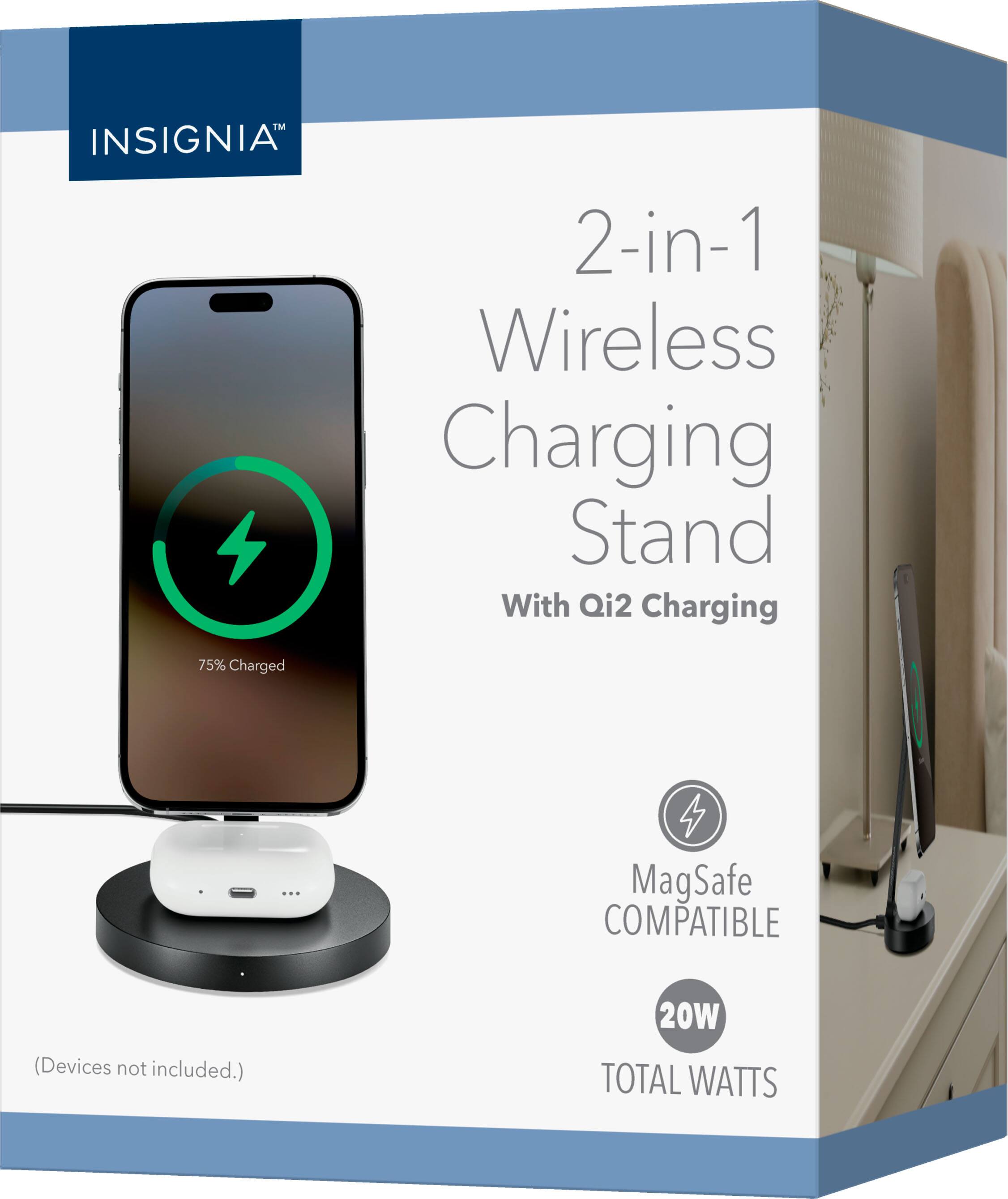 INSIGNIA™ 2-in-1 Wireless Charging Stand With Qi2 Charging 75% Charged MagSafe COMPATIBLE 20W (Devices not included.) TOTAL WATTS