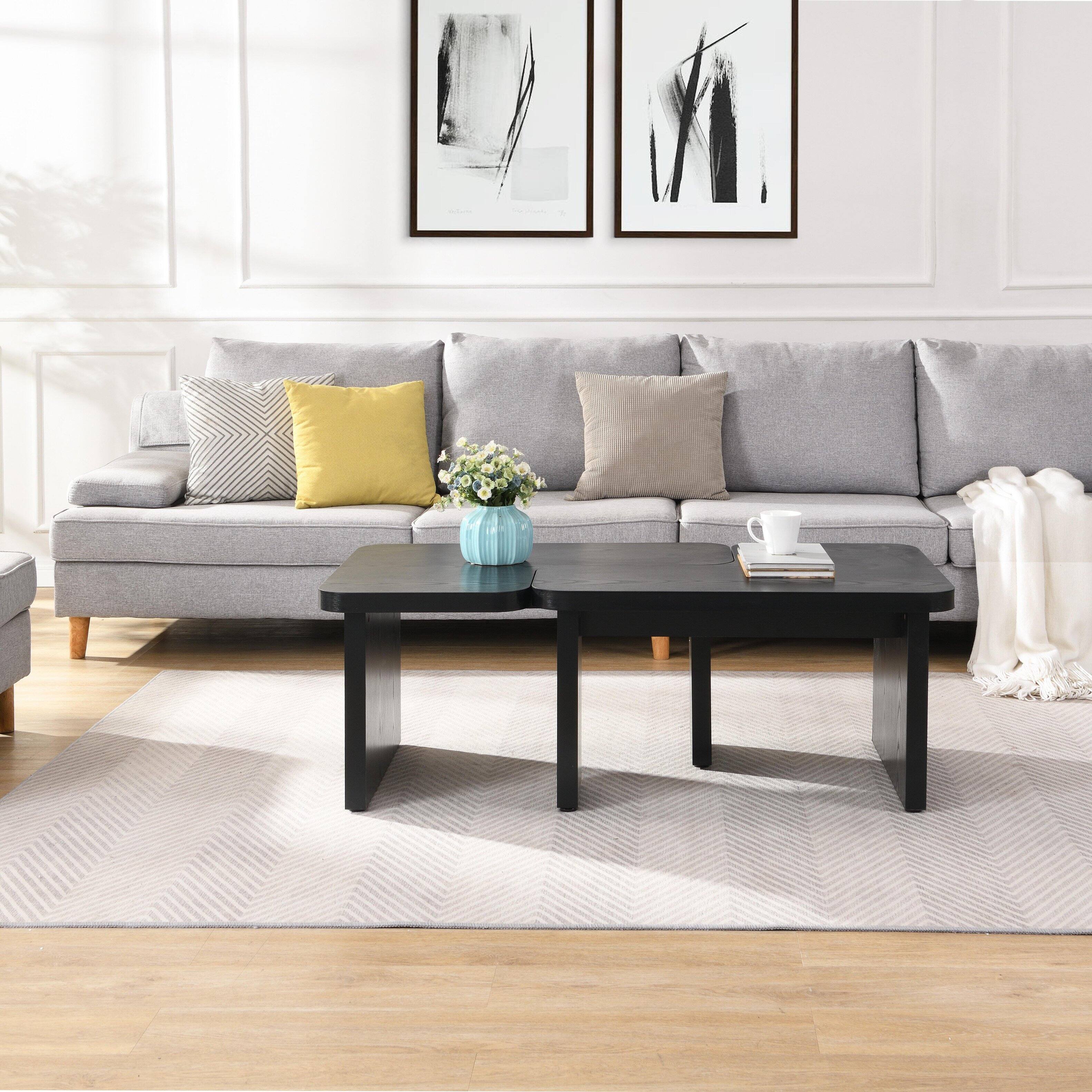 Angle. APRILSOUL - Modern Simple Tempered Glass Coffee Table Solid Wood Base Round Transparent Top Living Room Study - Black.